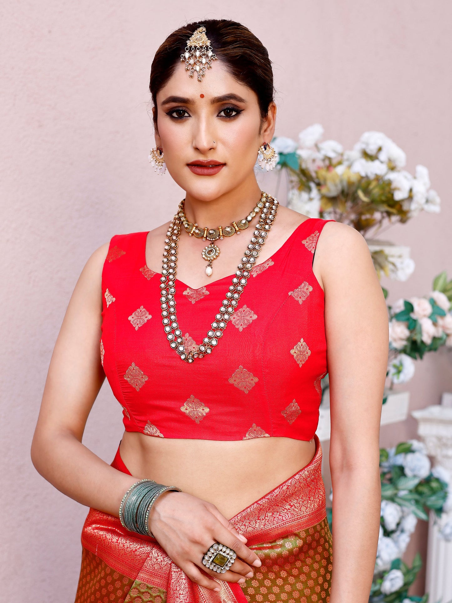 Elegant Olive Green and Coral Silk Saree with Intricate Zari Work
