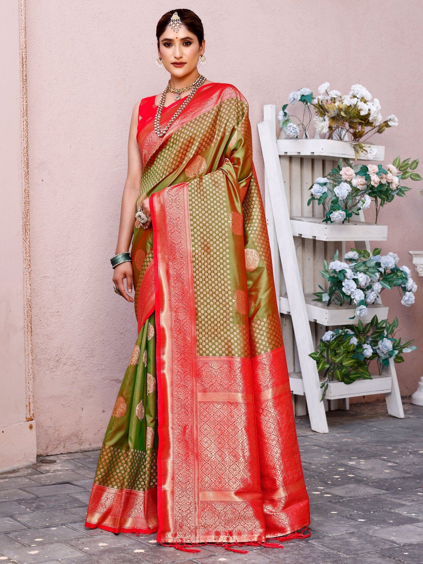 Elegant Olive Green and Coral Silk Saree with Intricate Zari Work