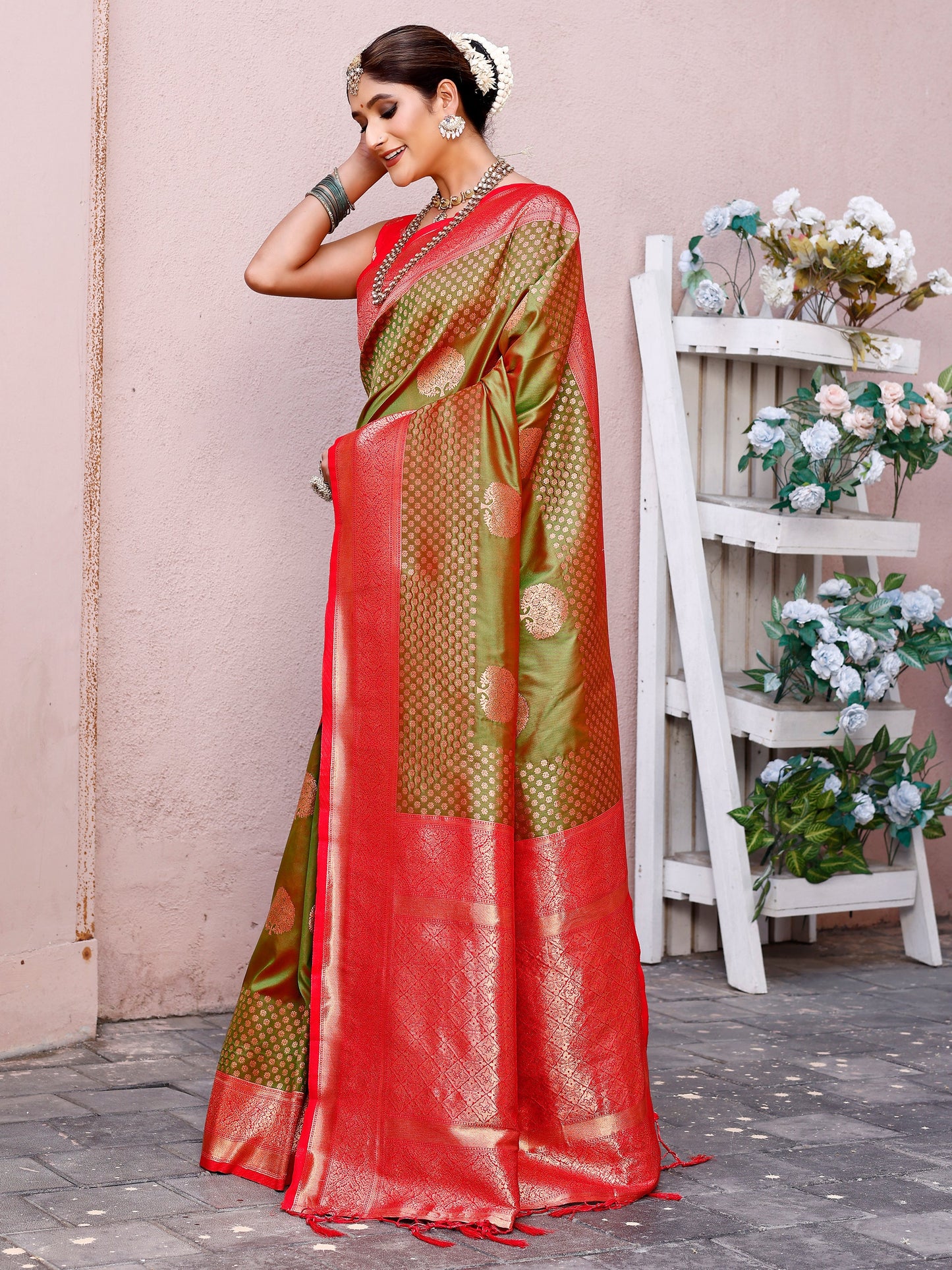 Elegant Olive Green and Coral Silk Saree with Intricate Zari Work