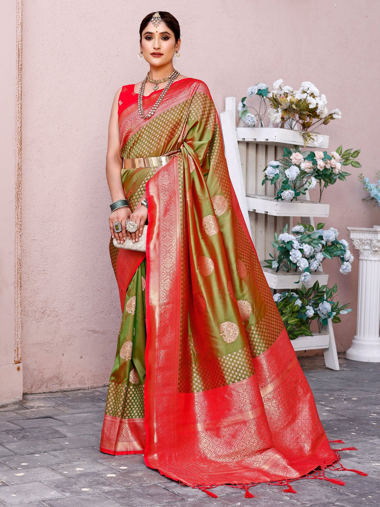 Elegant Olive Green and Coral Silk Saree with Intricate Zari Work