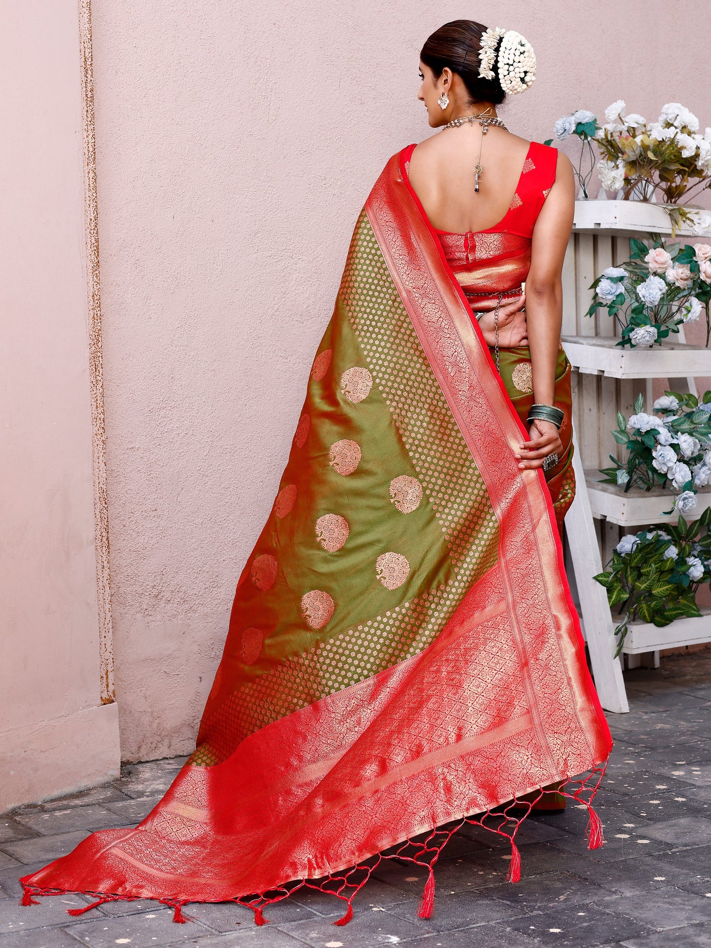 Elegant Olive Green and Coral Silk Saree with Intricate Zari Work