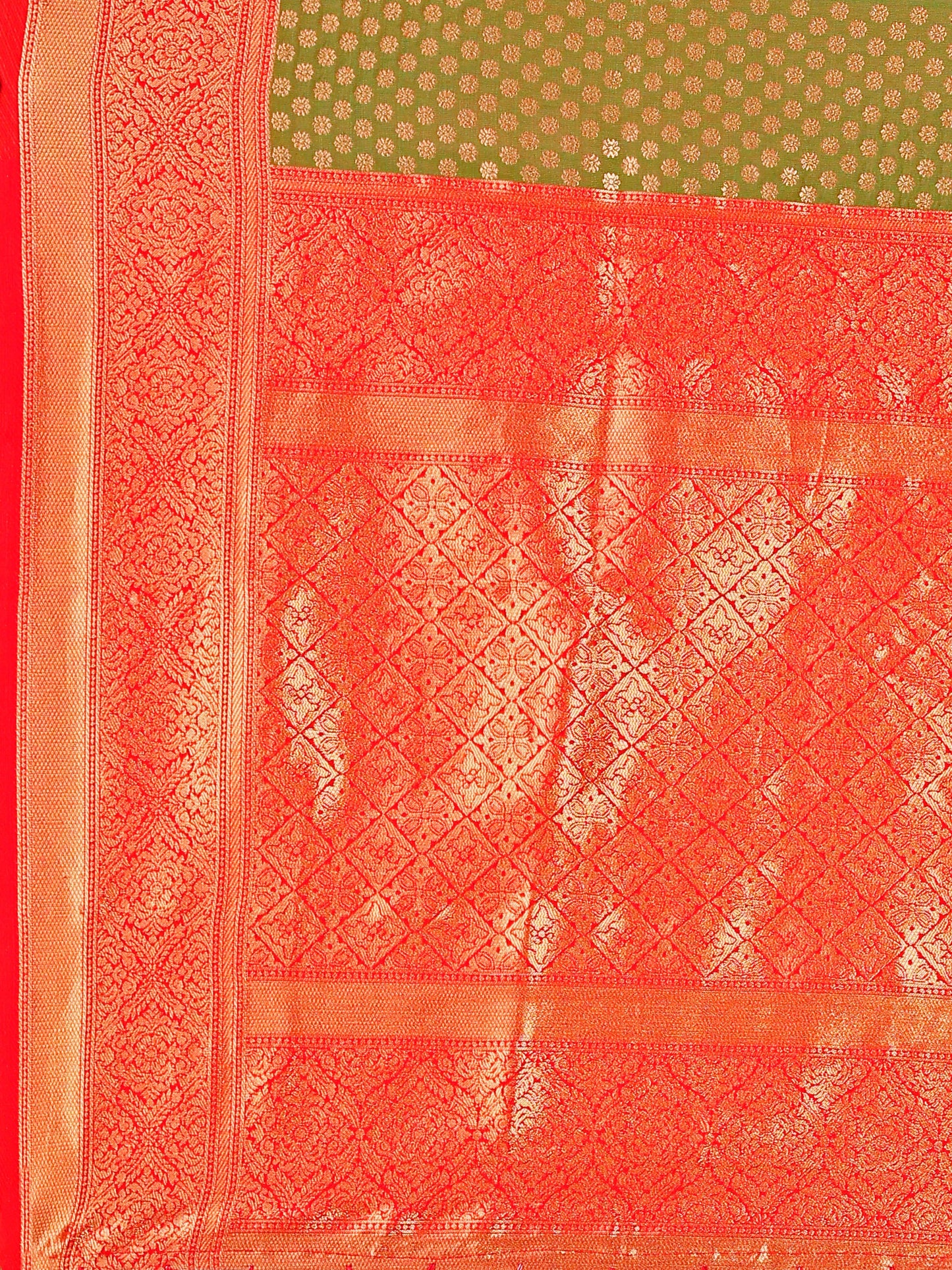 Elegant Olive Green and Coral Silk Saree with Intricate Zari Work