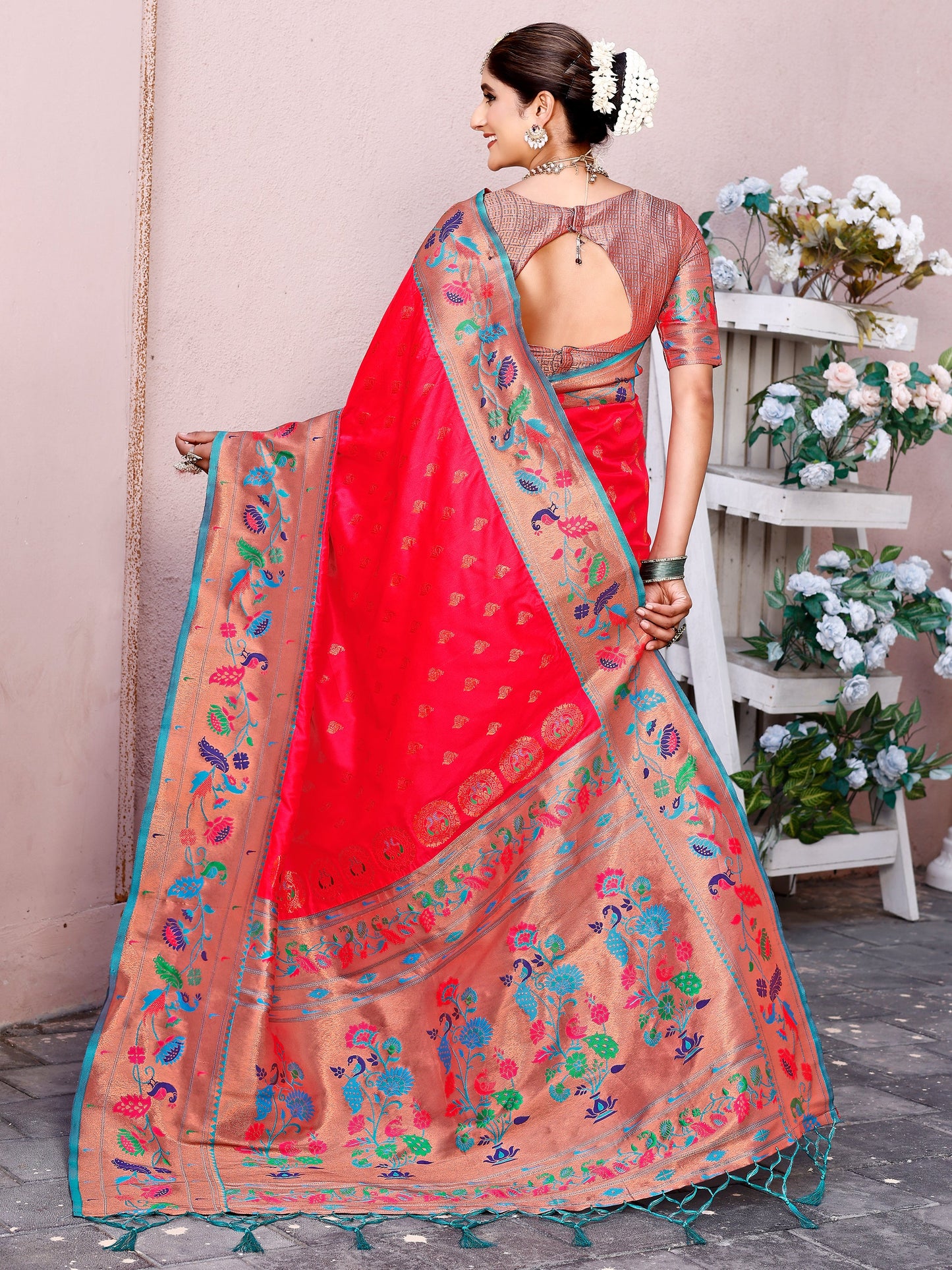 Graceful Tomato Red and Coral Silk Saree with Intricate Zari Work
