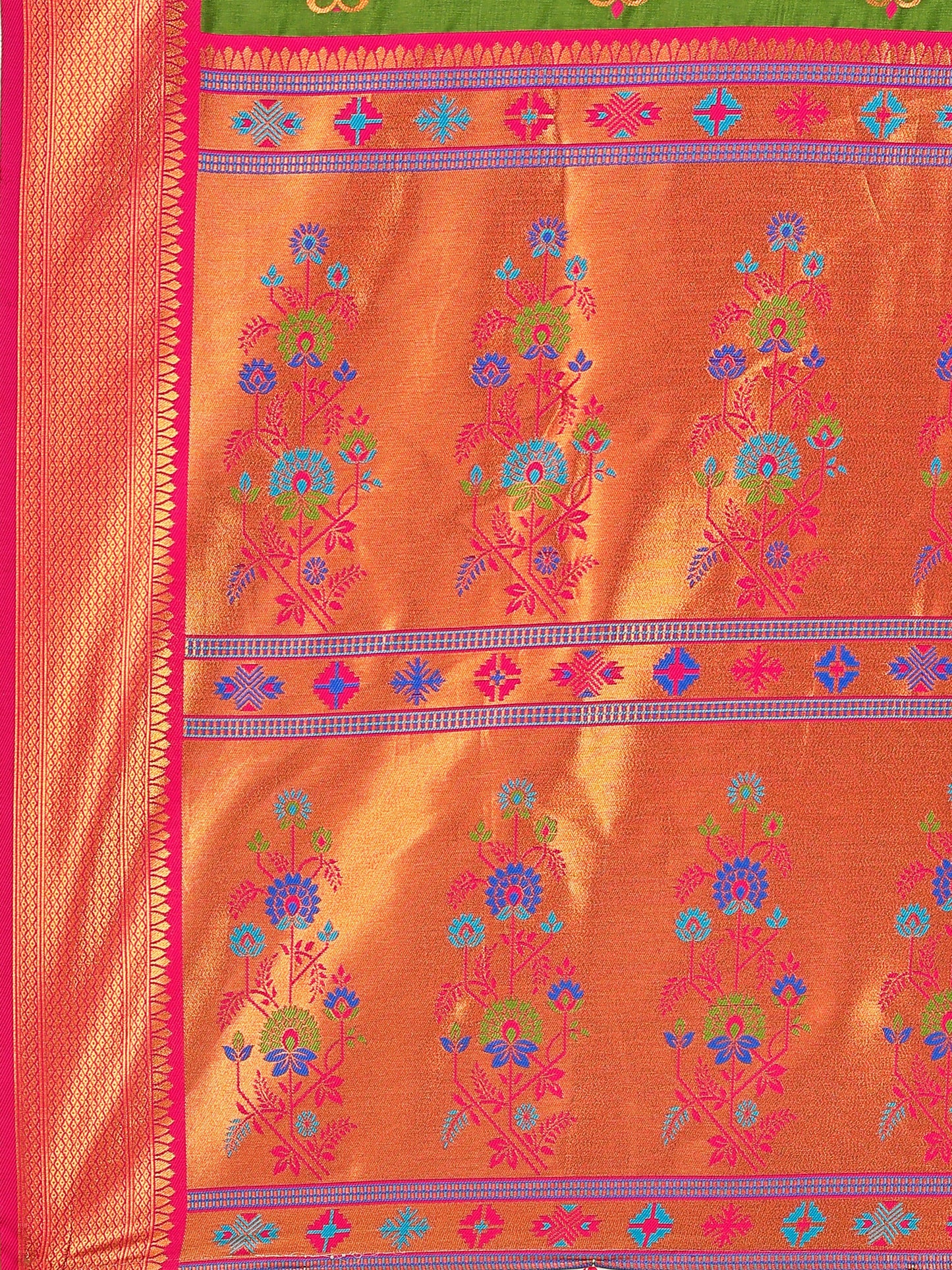 Sophisticated Style Mehendi Green and Coral Silk Saree with Intricate Zari Work
