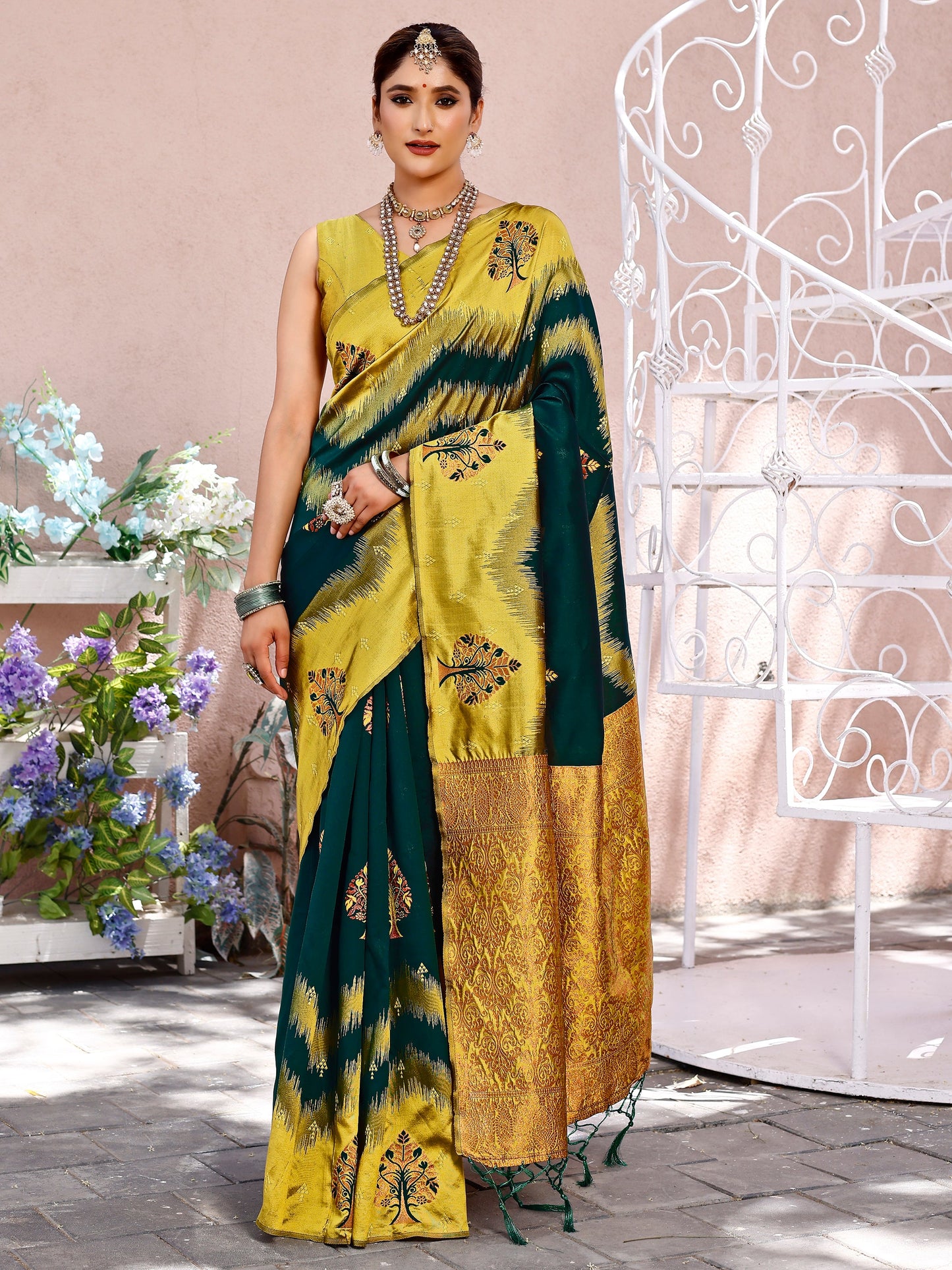 Charming Bottle Green and Coral Silk Saree with Intricate Zari Work
