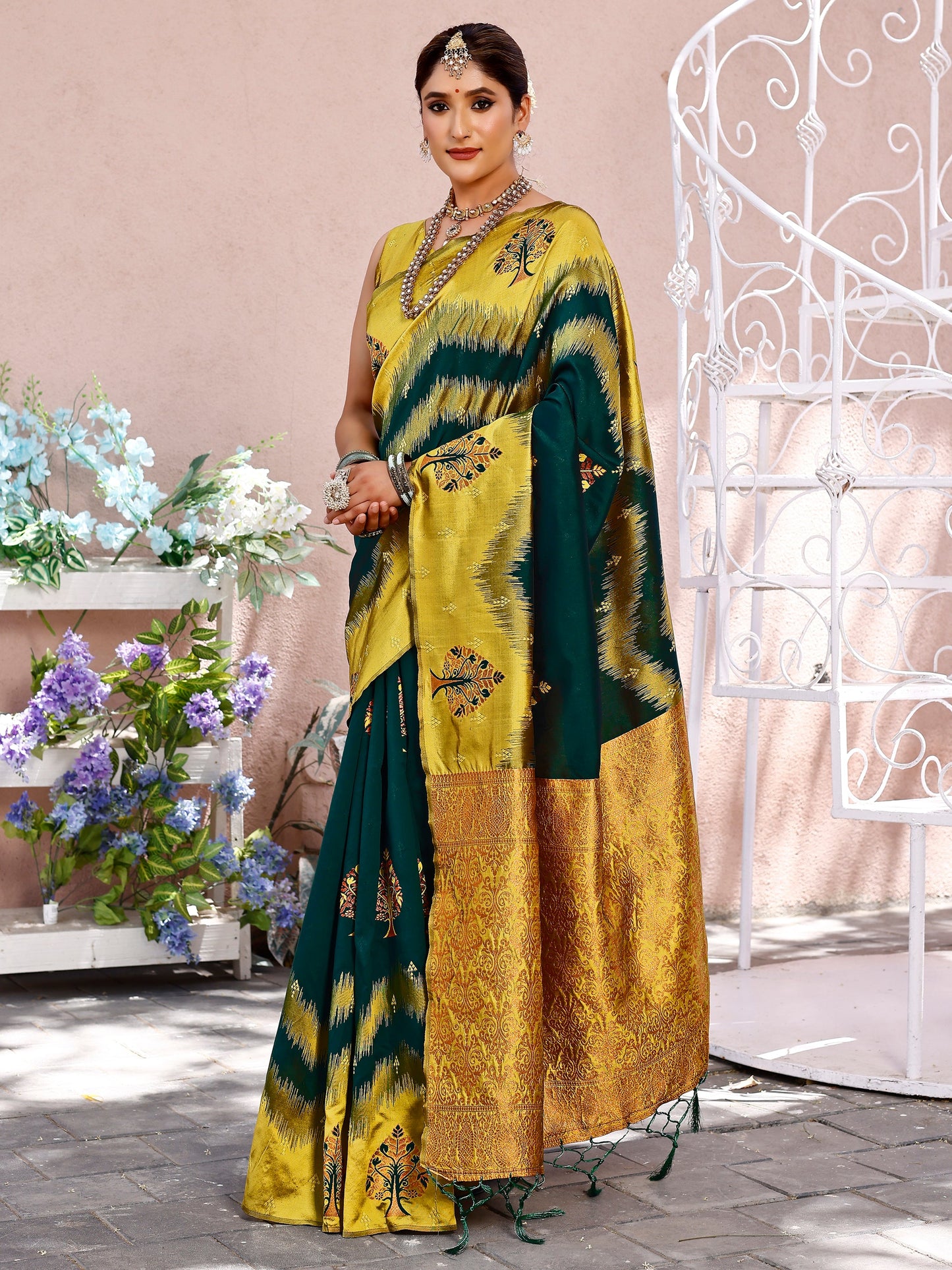Charming Bottle Green and Coral Silk Saree with Intricate Zari Work