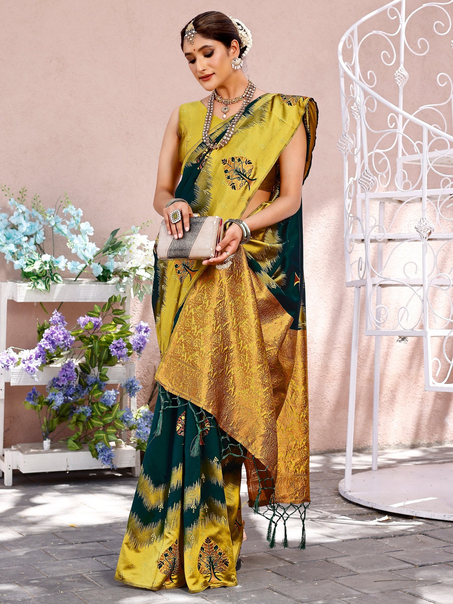Charming Bottle Green and Coral Silk Saree with Intricate Zari Work