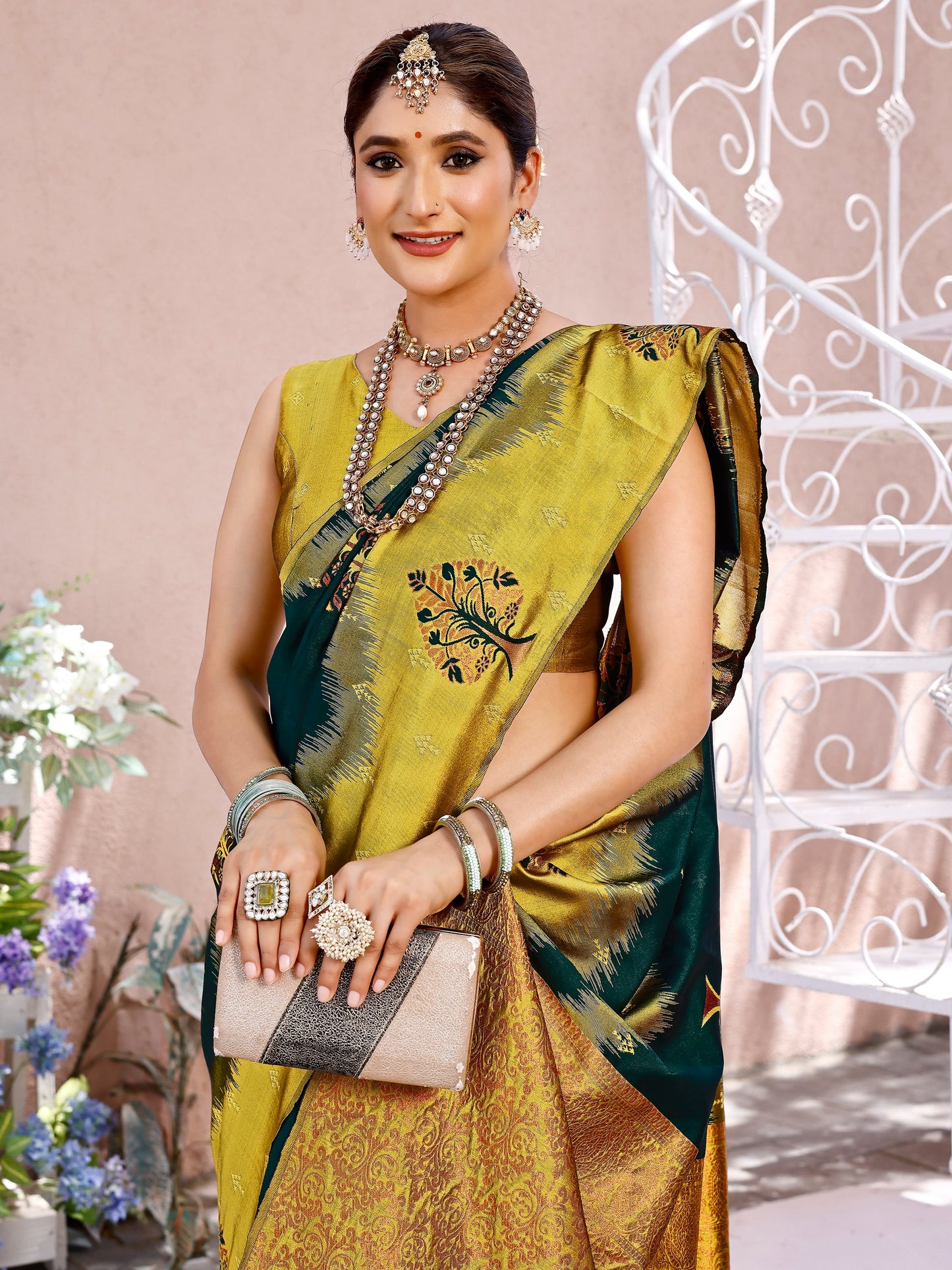Charming Bottle Green and Coral Silk Saree with Intricate Zari Work