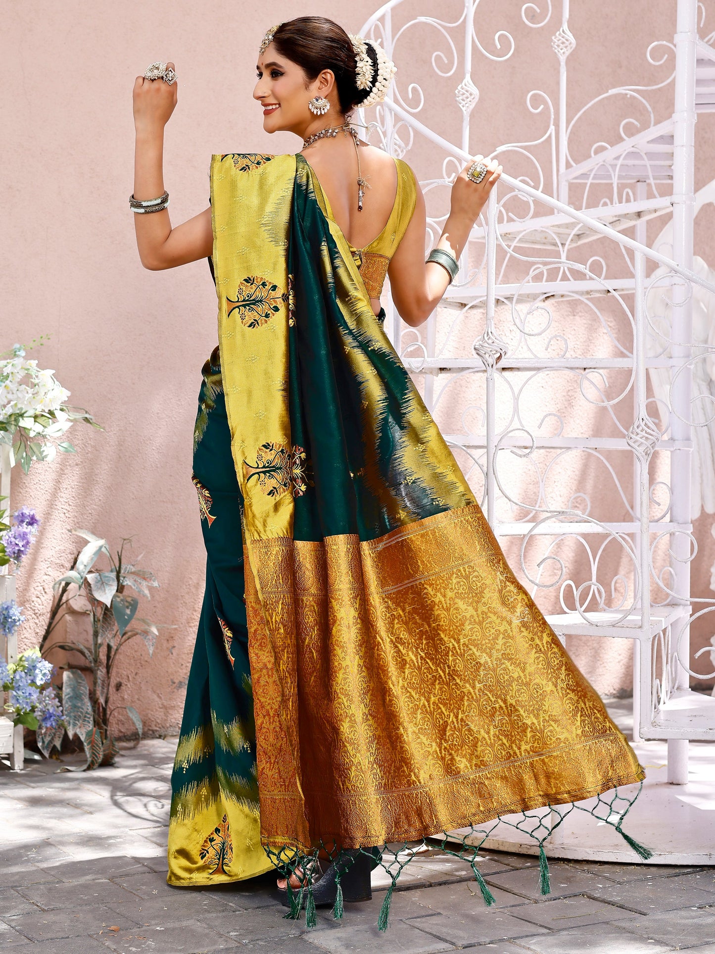 Charming Bottle Green and Coral Silk Saree with Intricate Zari Work