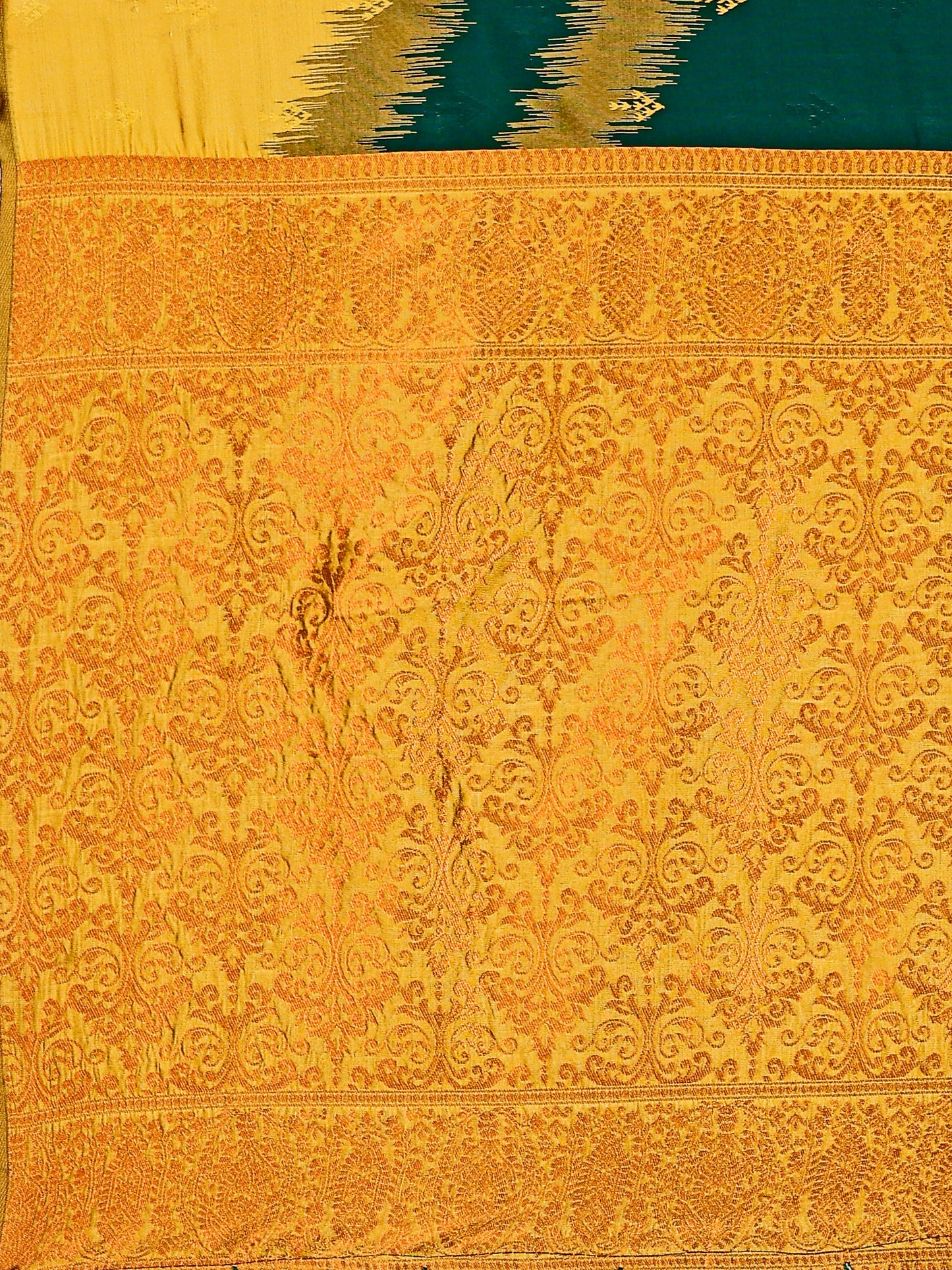 Charming Bottle Green and Coral Silk Saree with Intricate Zari Work