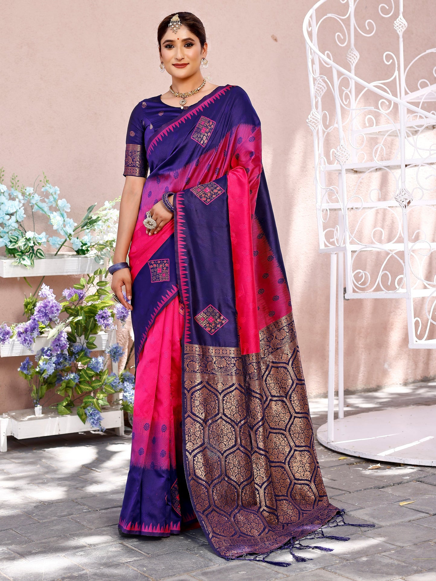 Opulent Pink and Coral Silk Saree with Intricate Zari Work