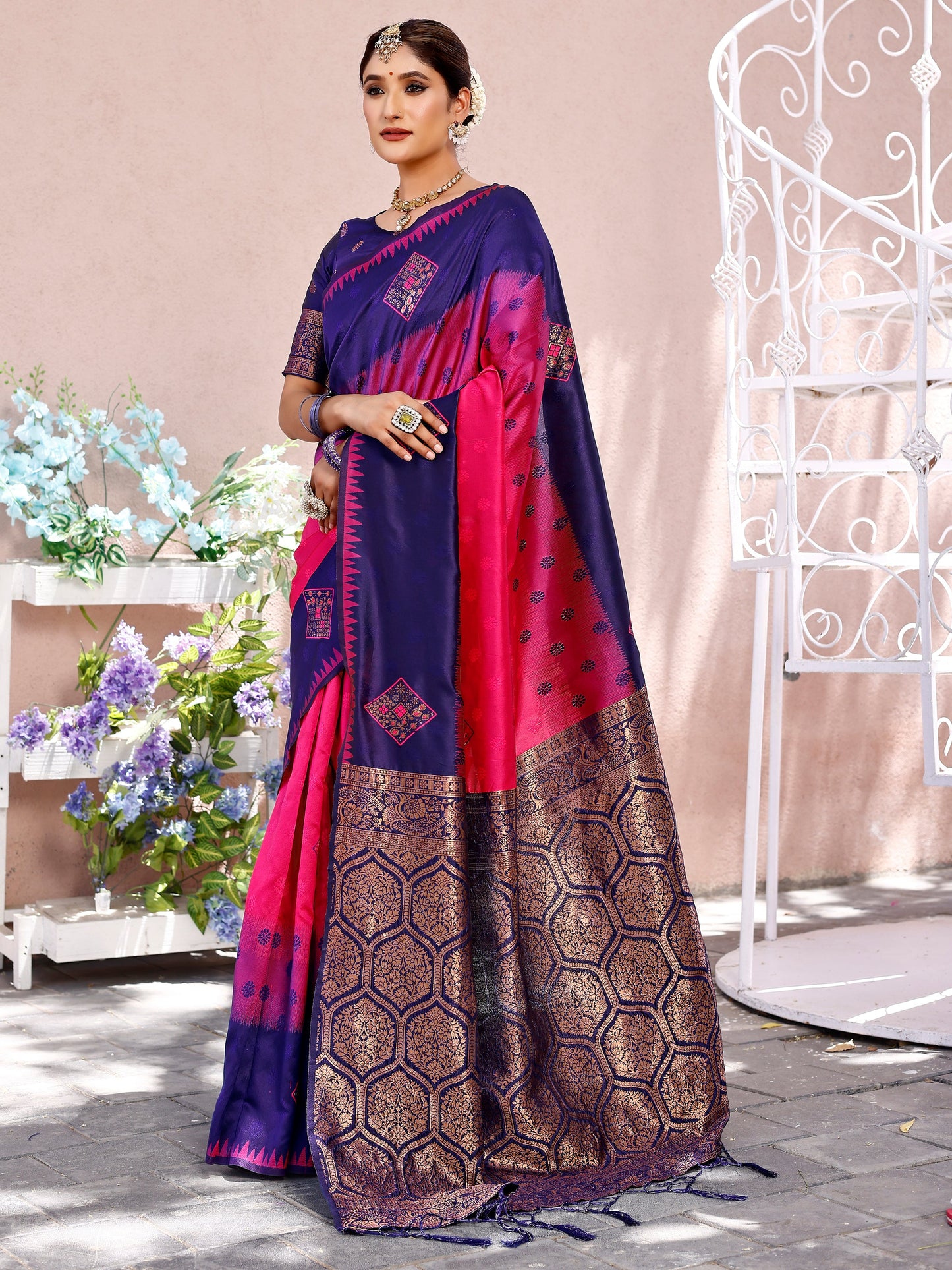 Opulent Pink and Coral Silk Saree with Intricate Zari Work