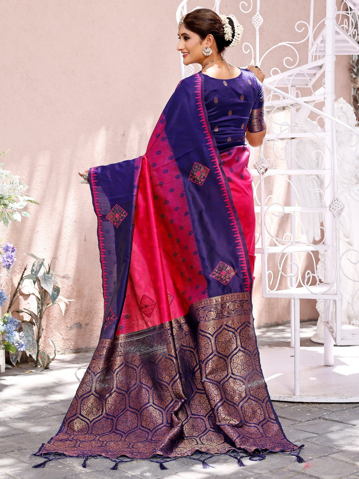 Opulent Pink and Coral Silk Saree with Intricate Zari Work
