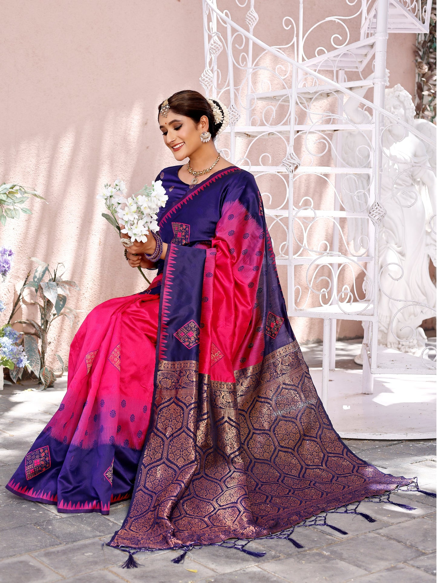 Opulent Pink and Coral Silk Saree with Intricate Zari Work