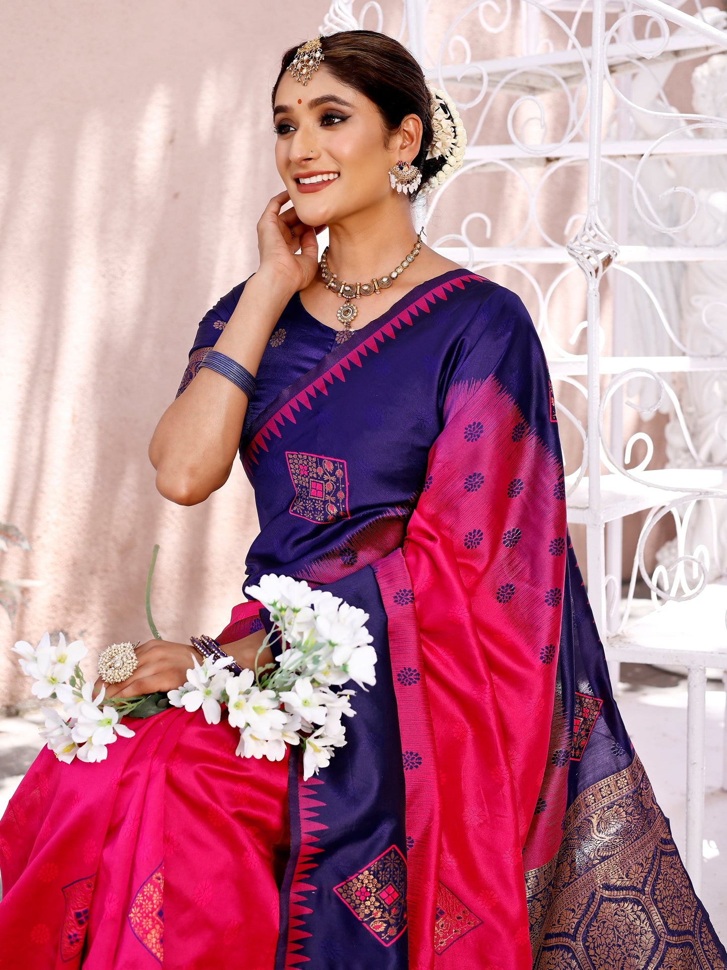 Opulent Pink and Coral Silk Saree with Intricate Zari Work