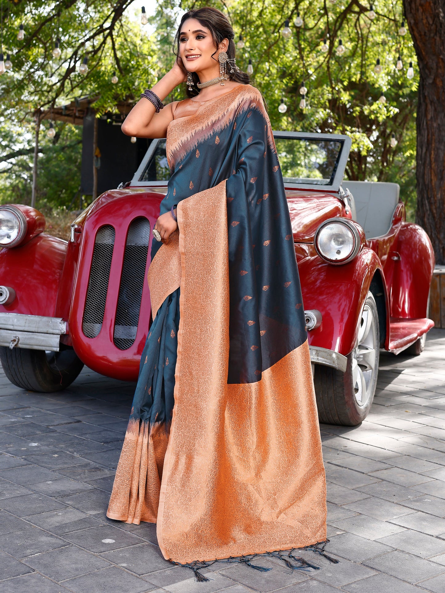 Chic Rama Blue and Coral Silk Saree with Intricate Zari Work