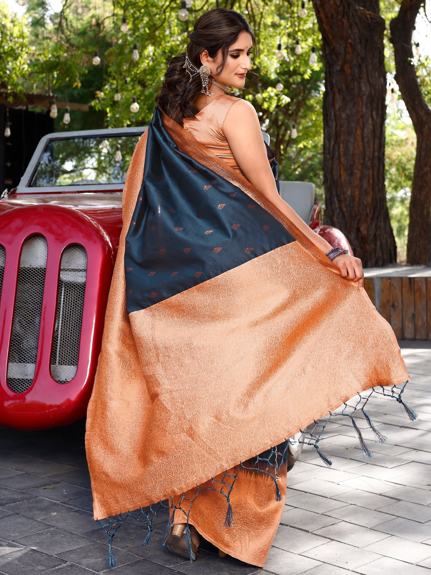 Chic Rama Blue and Coral Silk Saree with Intricate Zari Work