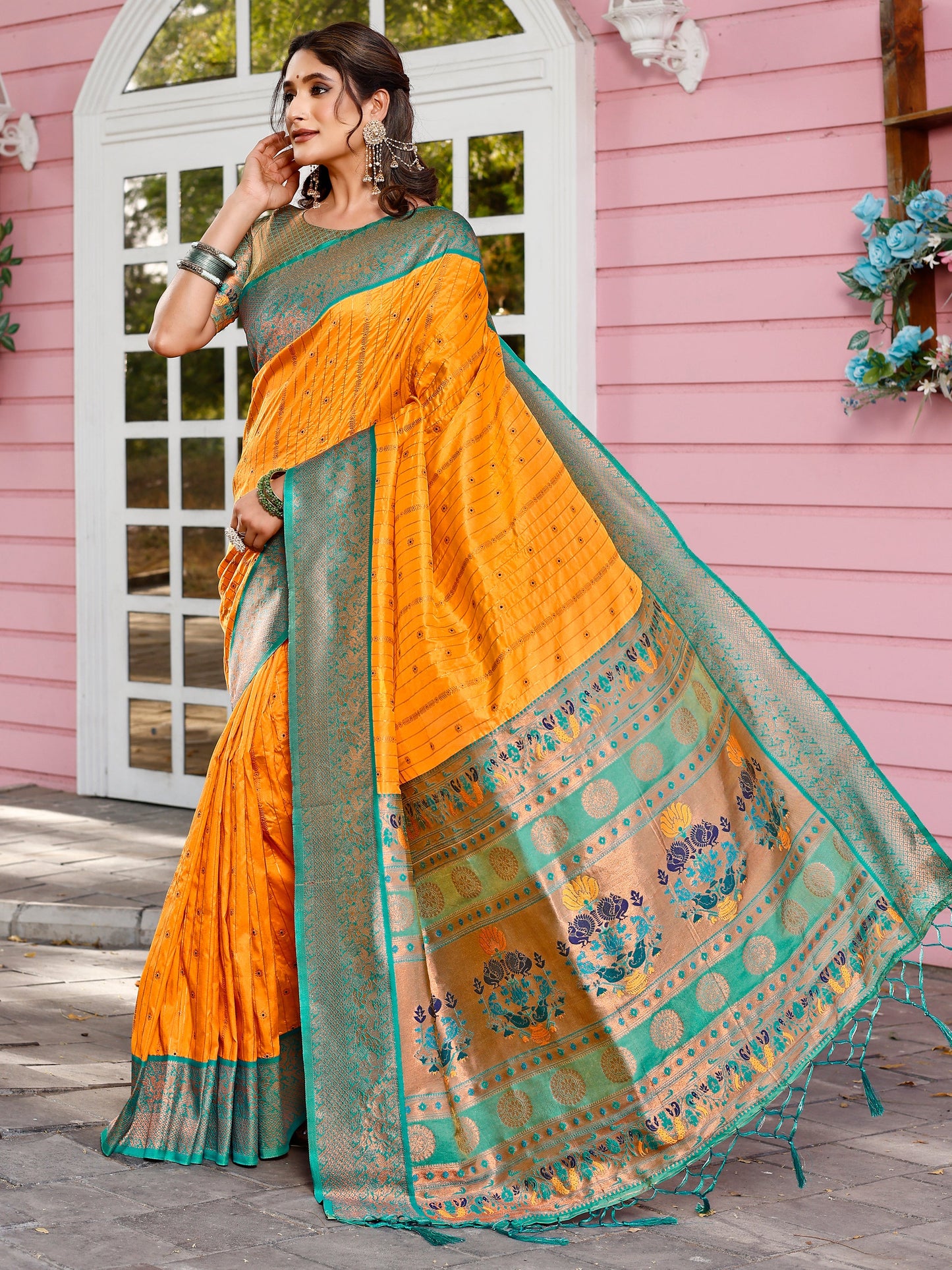 Splendor Orange and Coral Silk Saree with Intricate Zari Work