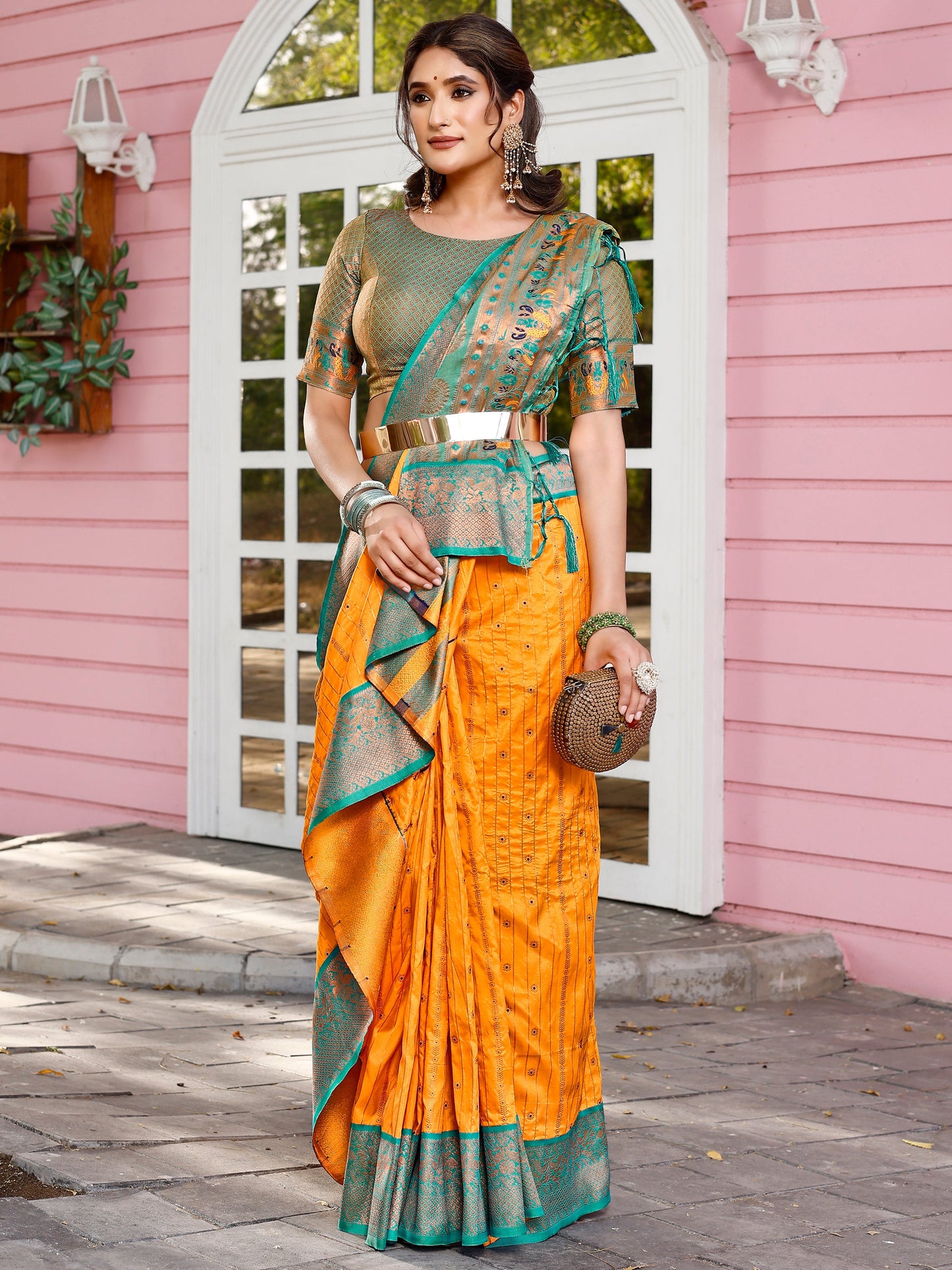 Splendor Orange and Coral Silk Saree with Intricate Zari Work