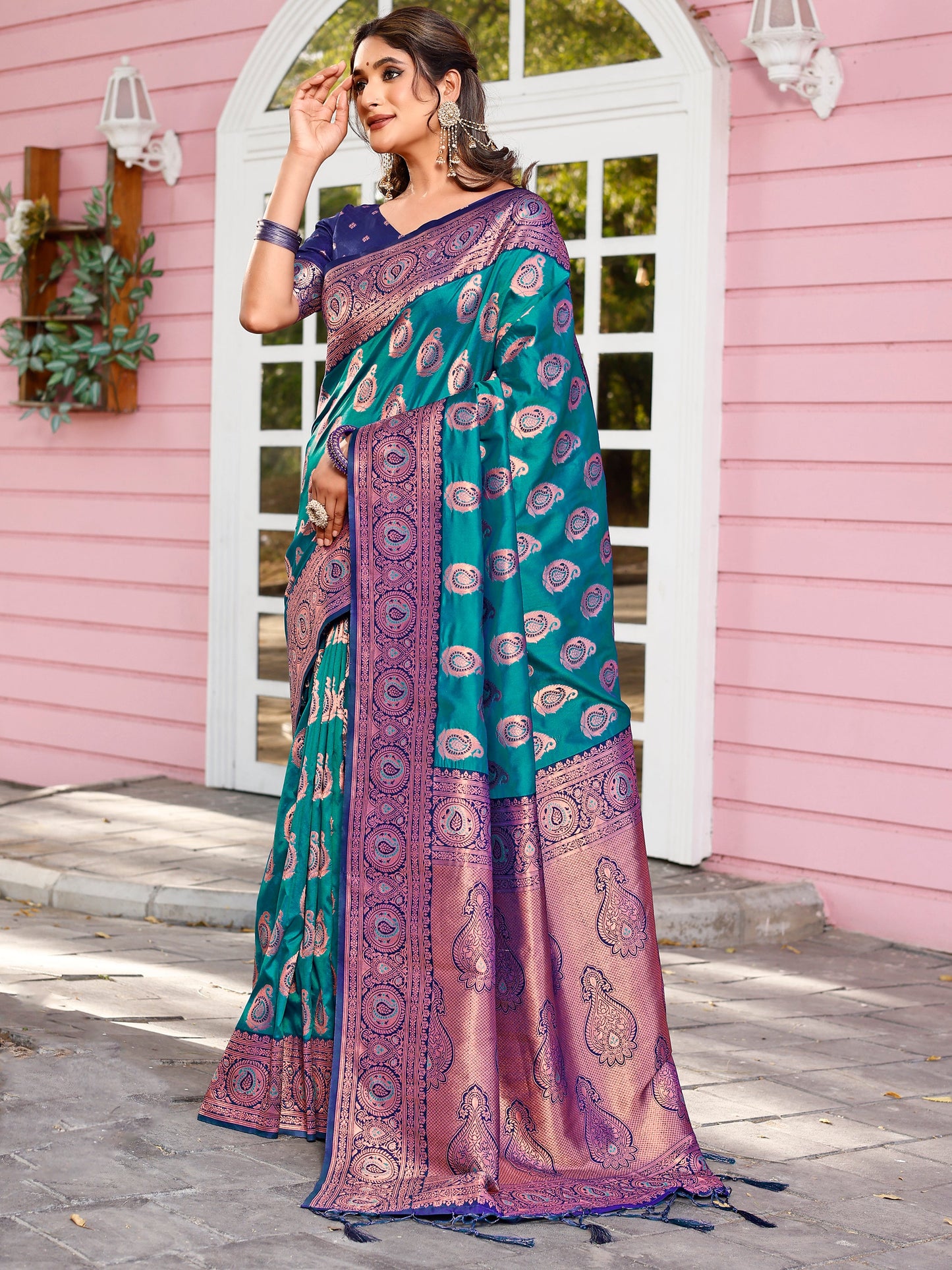 Delicate Teal Blue and Coral Silk Saree with Intricate Zari Work