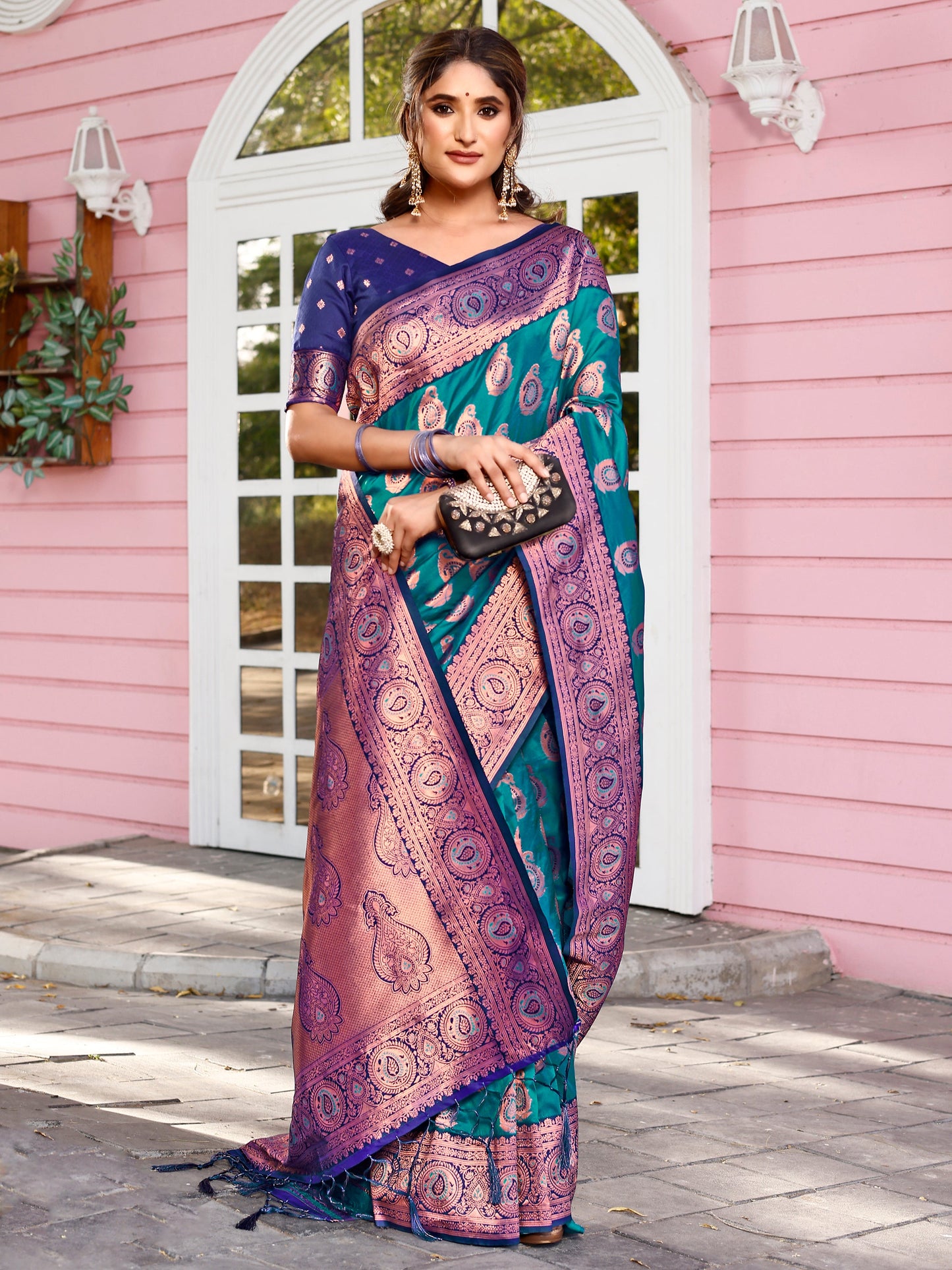Delicate Teal Blue and Coral Silk Saree with Intricate Zari Work
