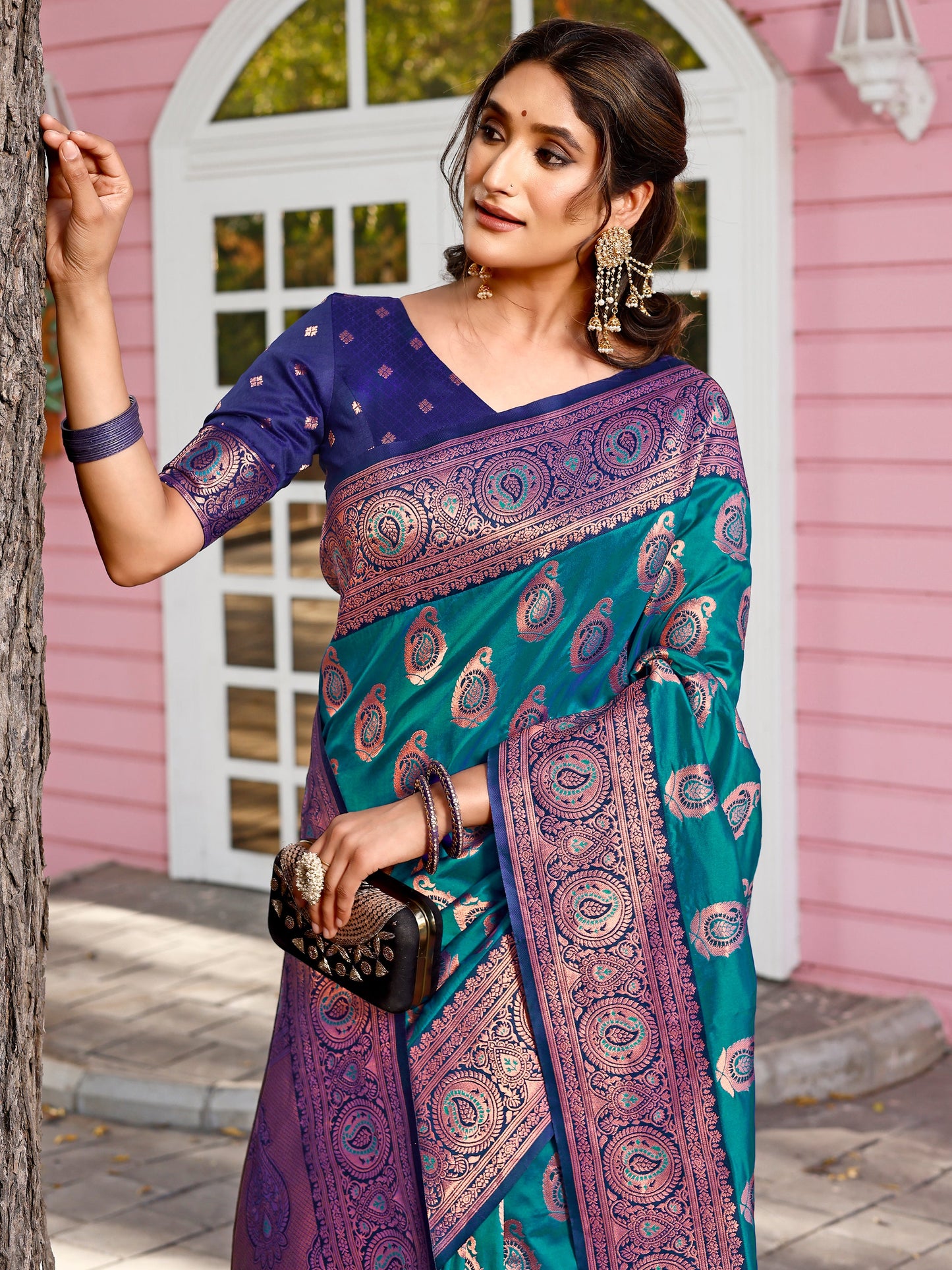 Delicate Teal Blue and Coral Silk Saree with Intricate Zari Work