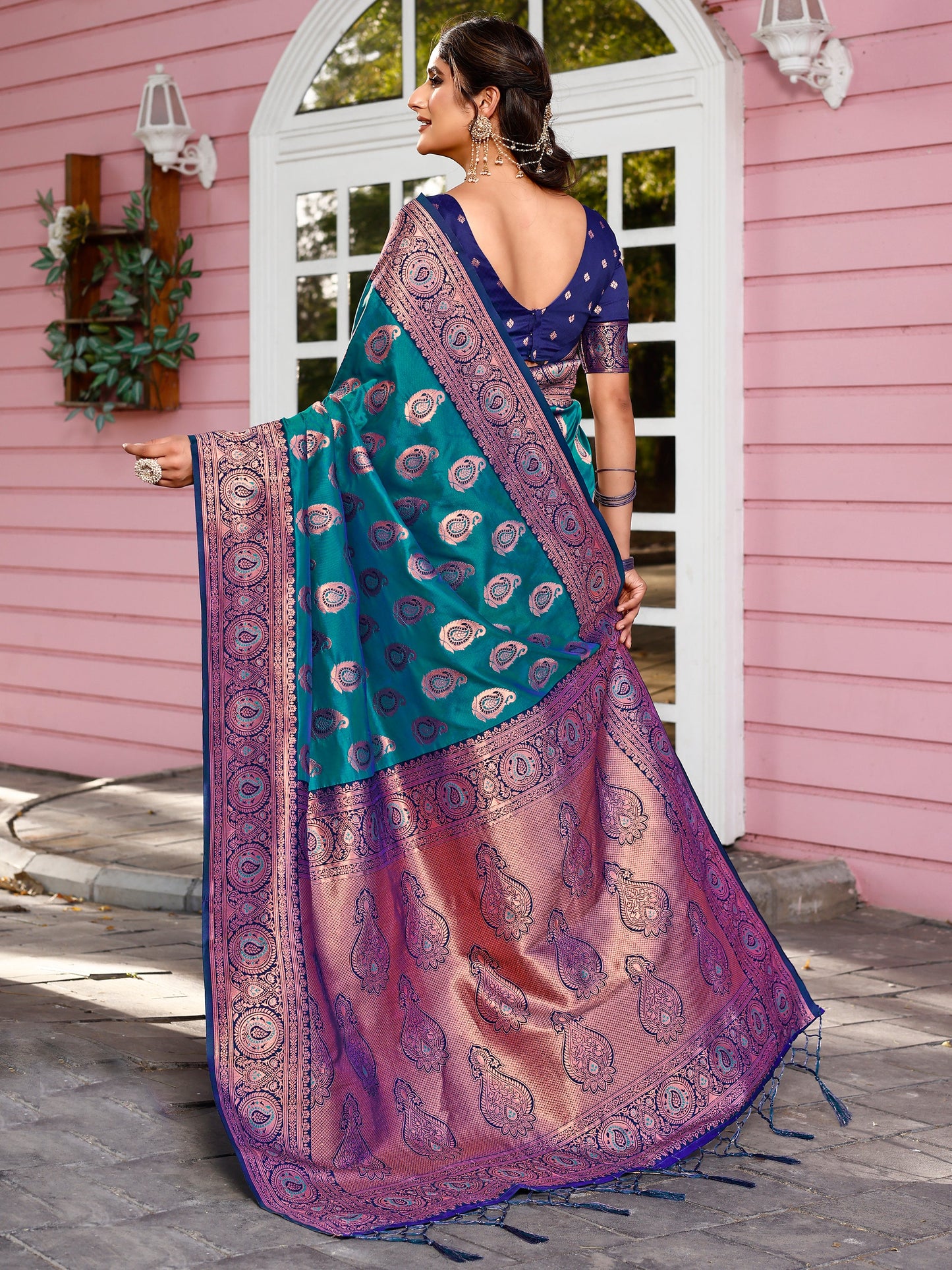Delicate Teal Blue and Coral Silk Saree with Intricate Zari Work