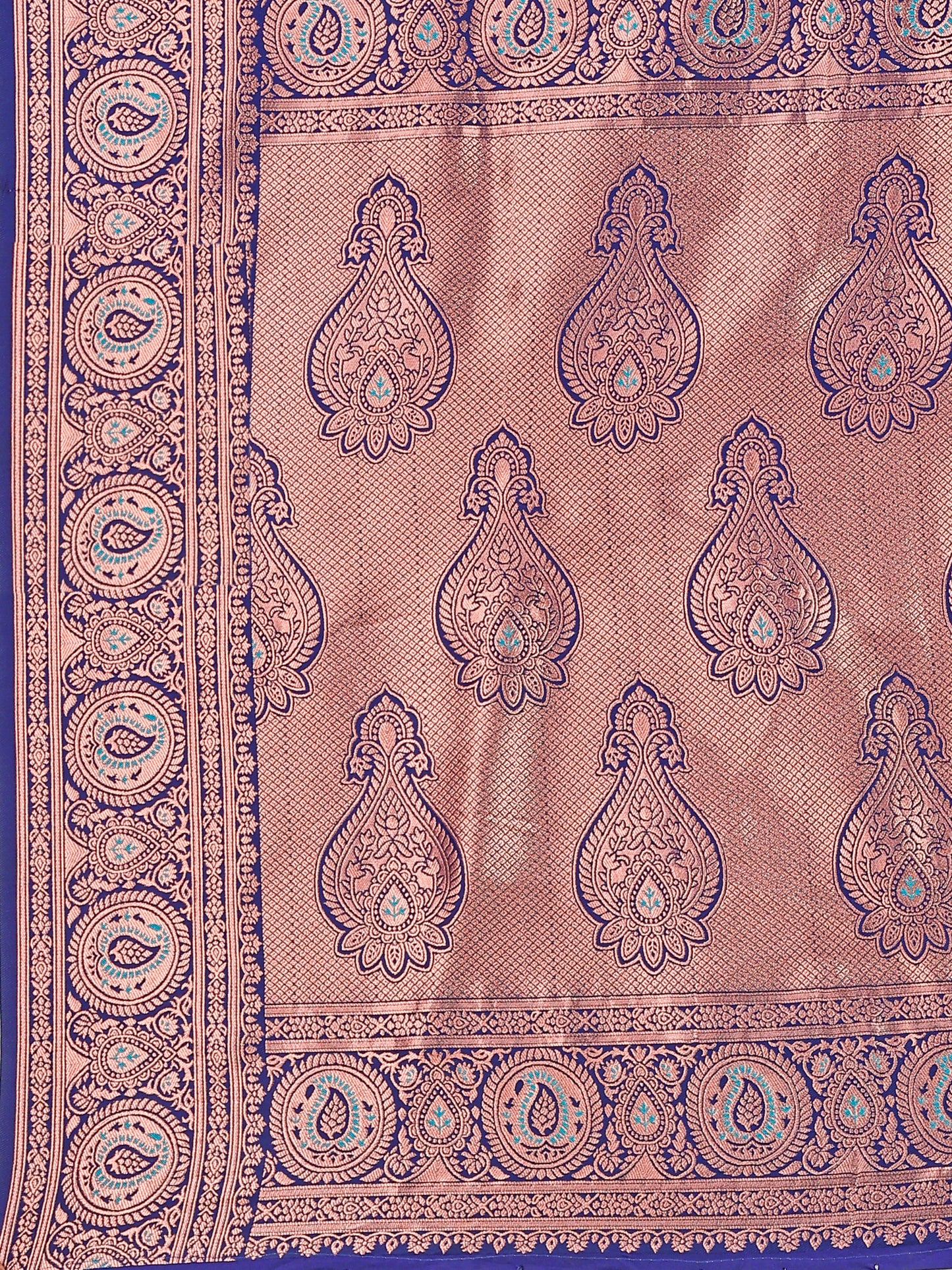 Delicate Teal Blue and Coral Silk Saree with Intricate Zari Work