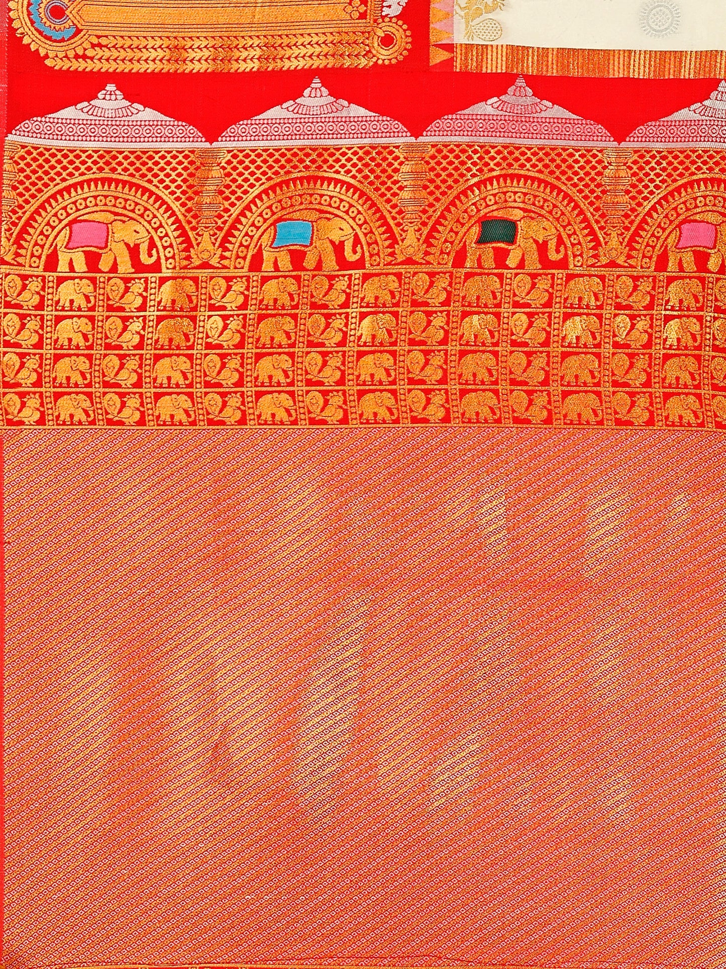 Supreme Off White and Coral Silk Saree with Intricate Zari Work