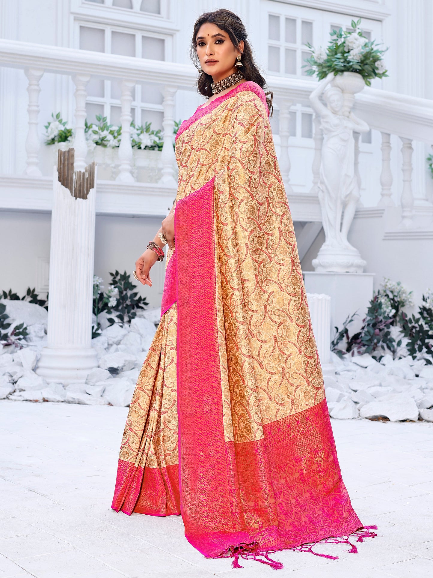 Splendid Cream Beige and Coral Silk Saree with Intricate Zari Work