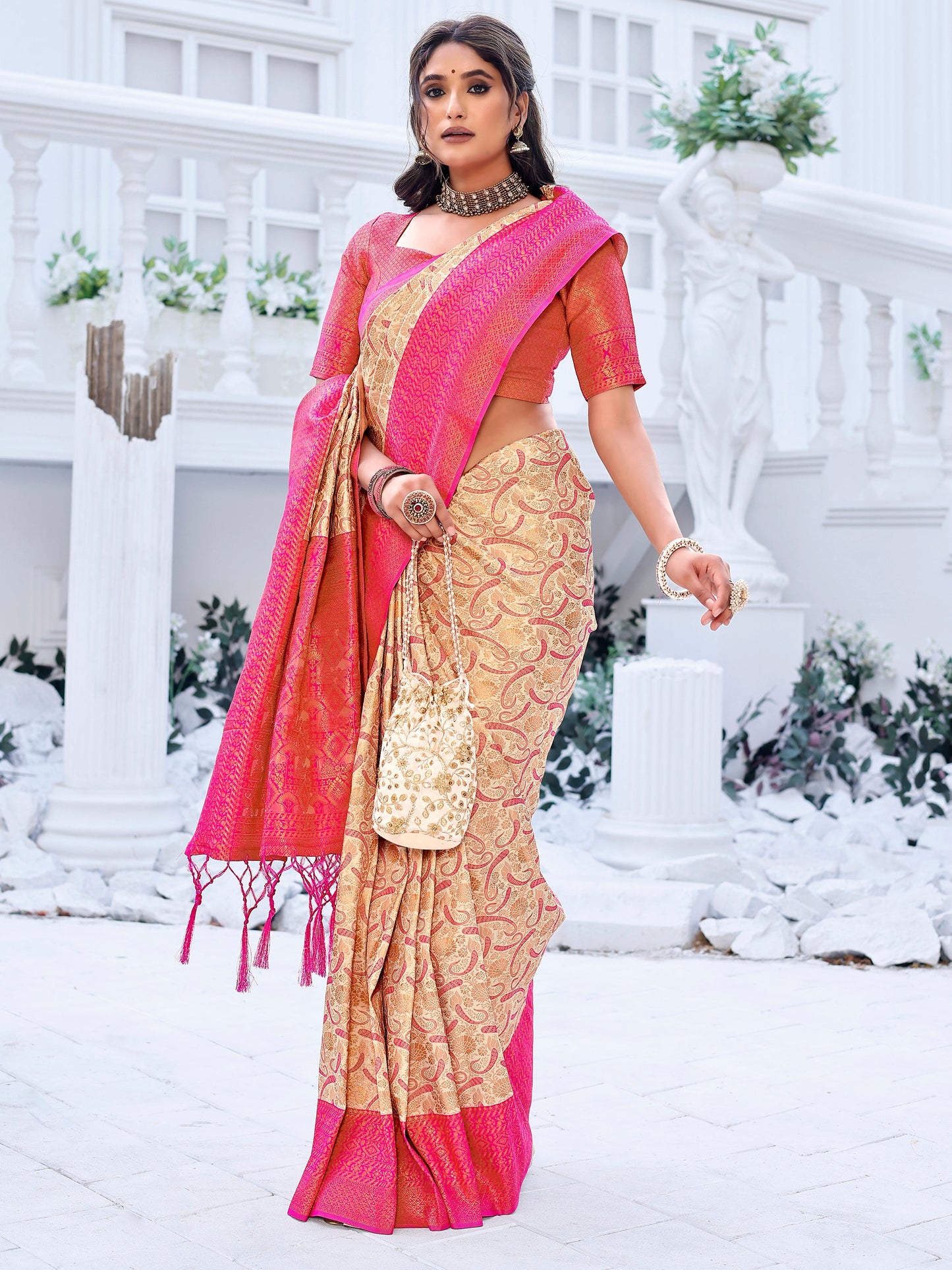 Splendid Cream Beige and Coral Silk Saree with Intricate Zari Work