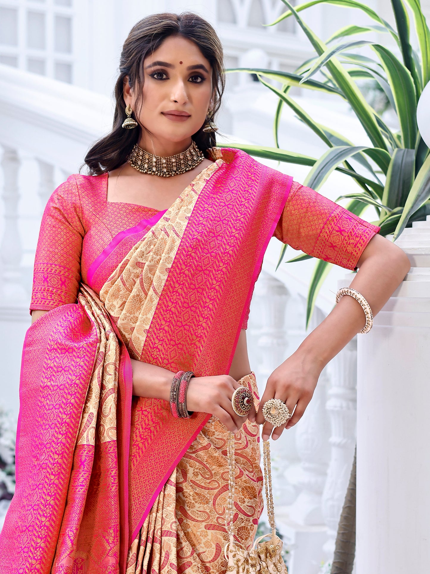 Splendid Cream Beige and Coral Silk Saree with Intricate Zari Work