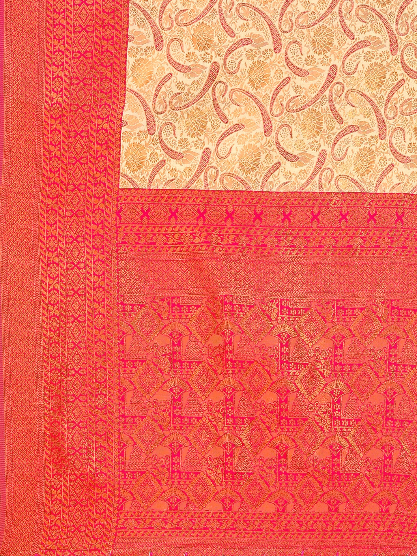 Splendid Cream Beige and Coral Silk Saree with Intricate Zari Work