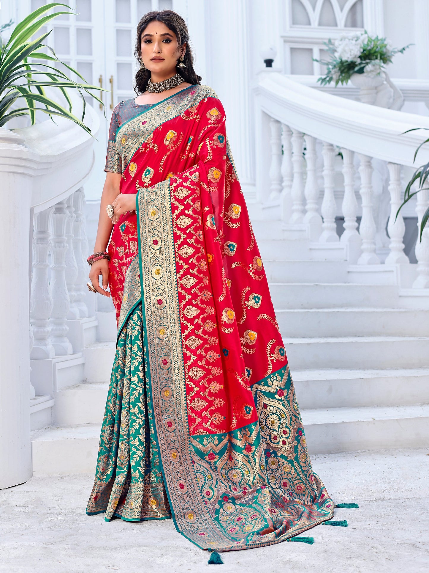 Lavishness Red and Coral Silk Saree with Intricate Zari Work