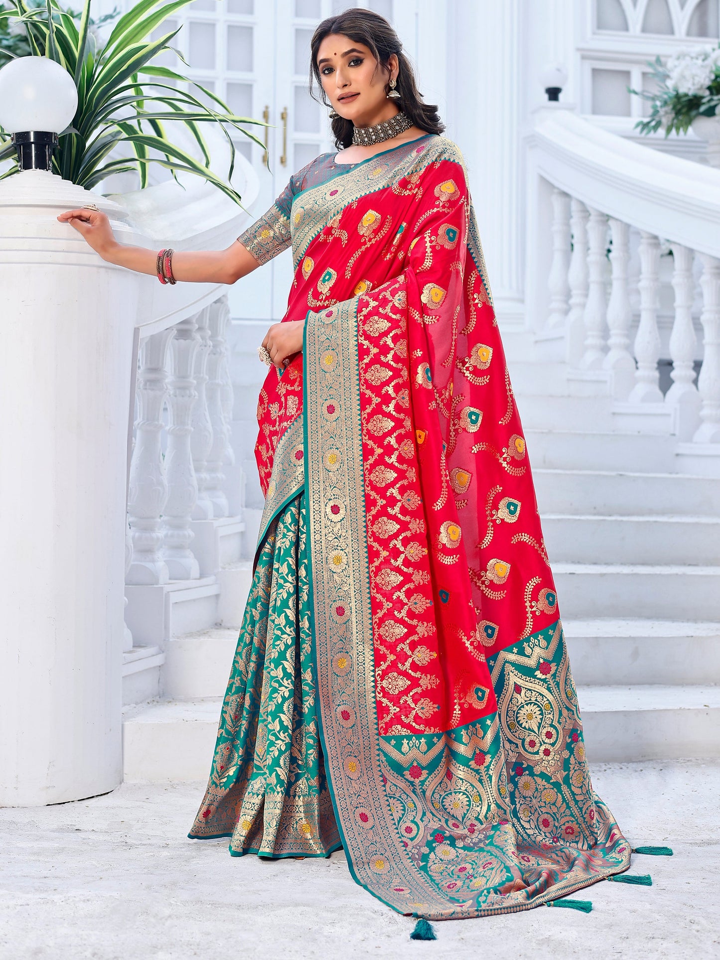 Lavishness Red and Coral Silk Saree with Intricate Zari Work