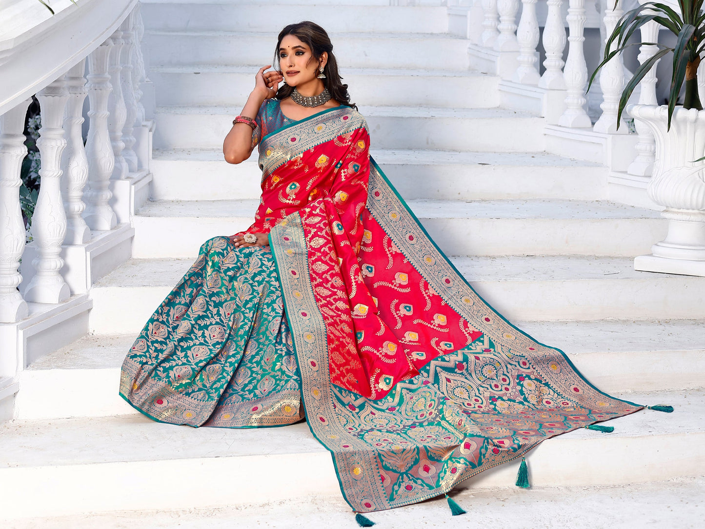 Lavishness Red and Coral Silk Saree with Intricate Zari Work