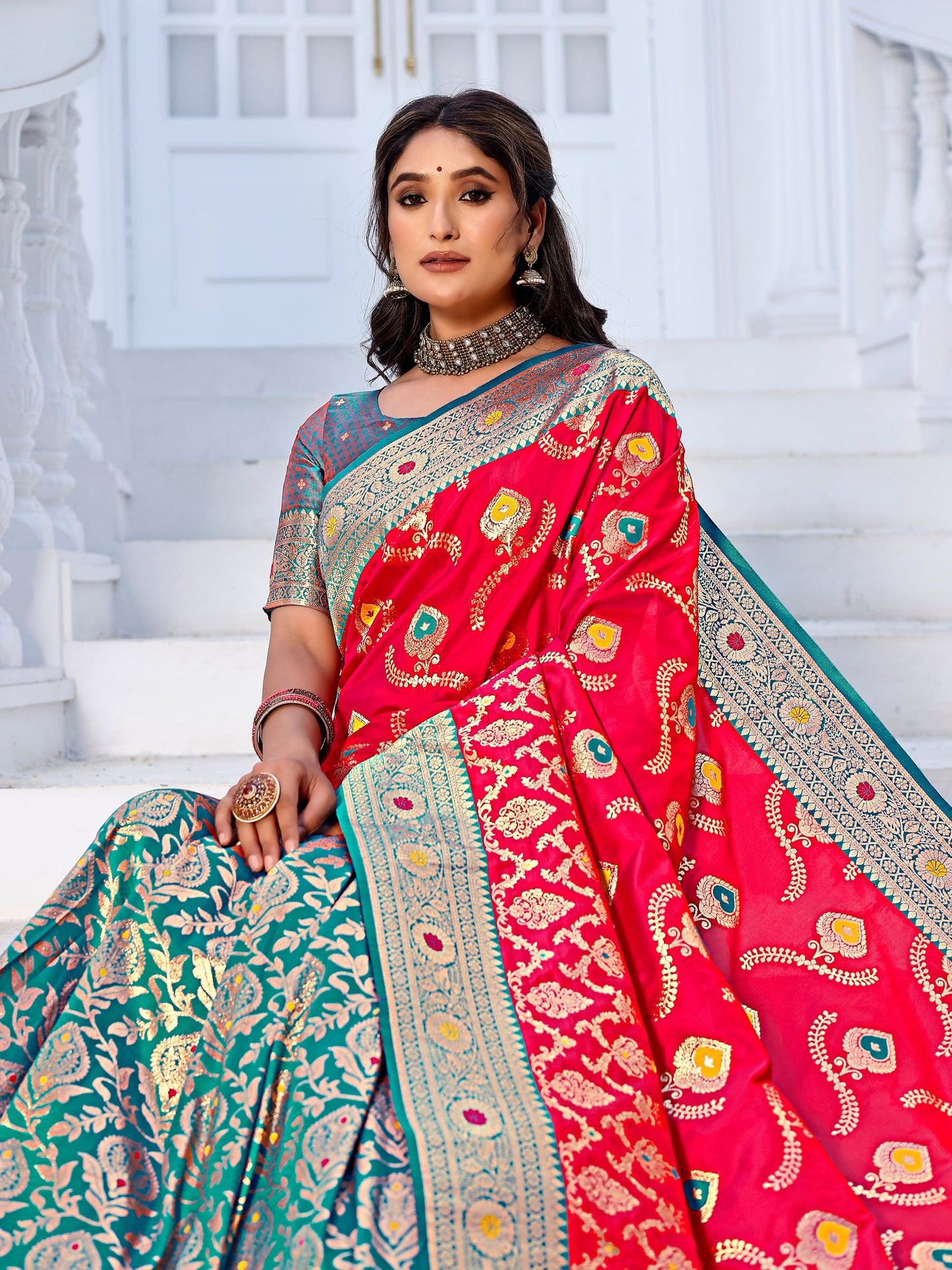 Lavishness Red and Coral Silk Saree with Intricate Zari Work