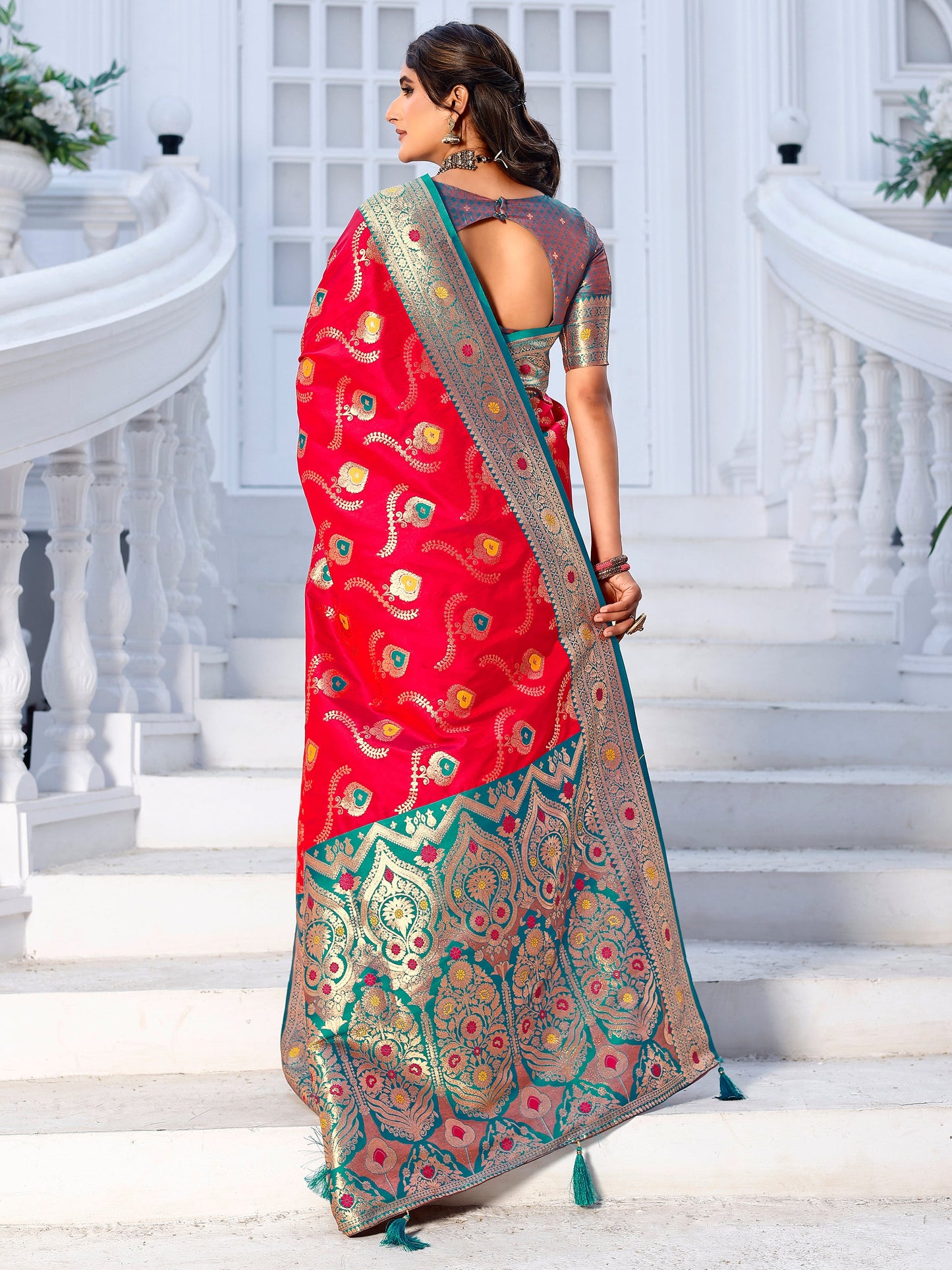 Lavishness Red and Coral Silk Saree with Intricate Zari Work