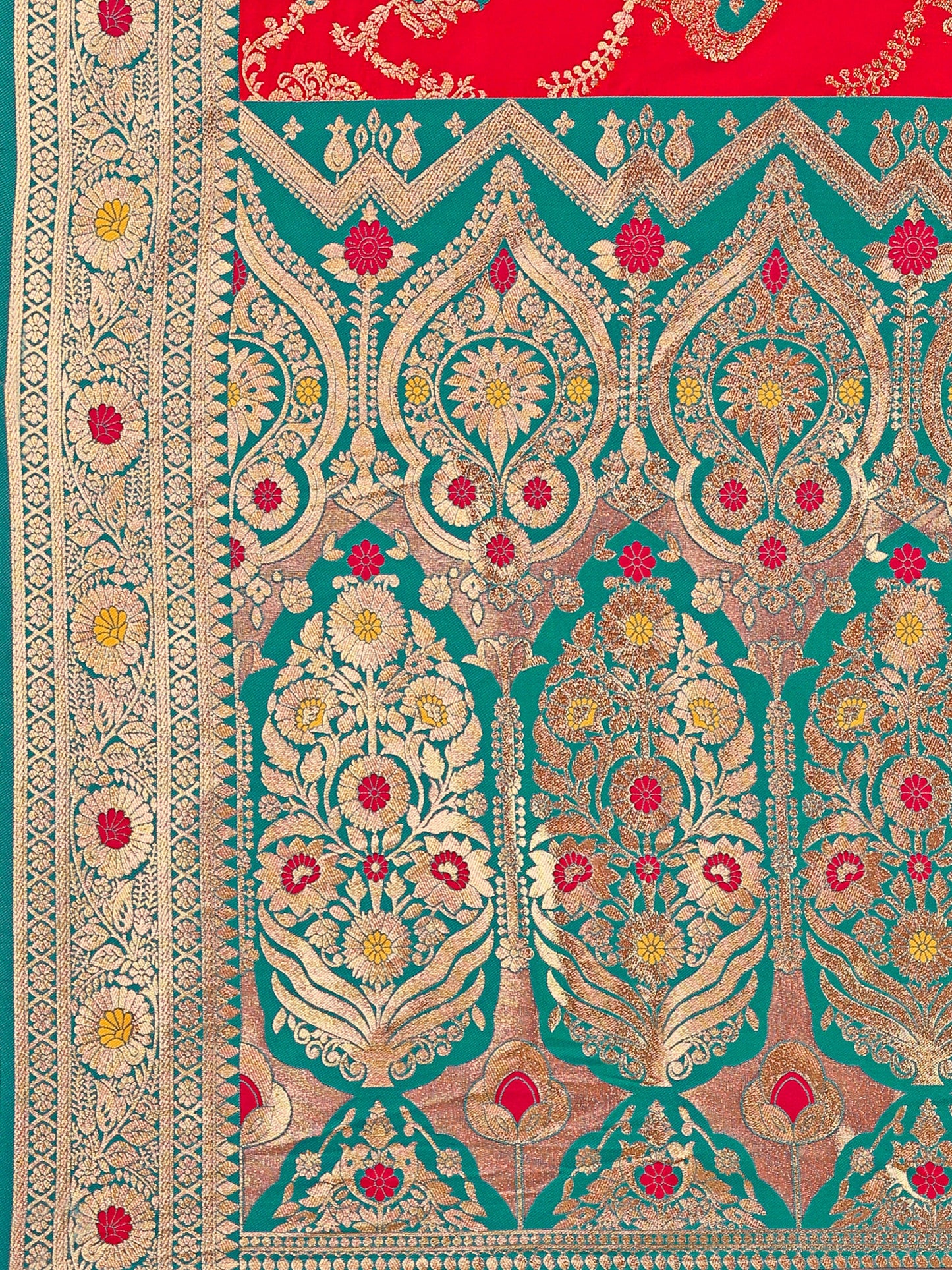 Lavishness Red and Coral Silk Saree with Intricate Zari Work
