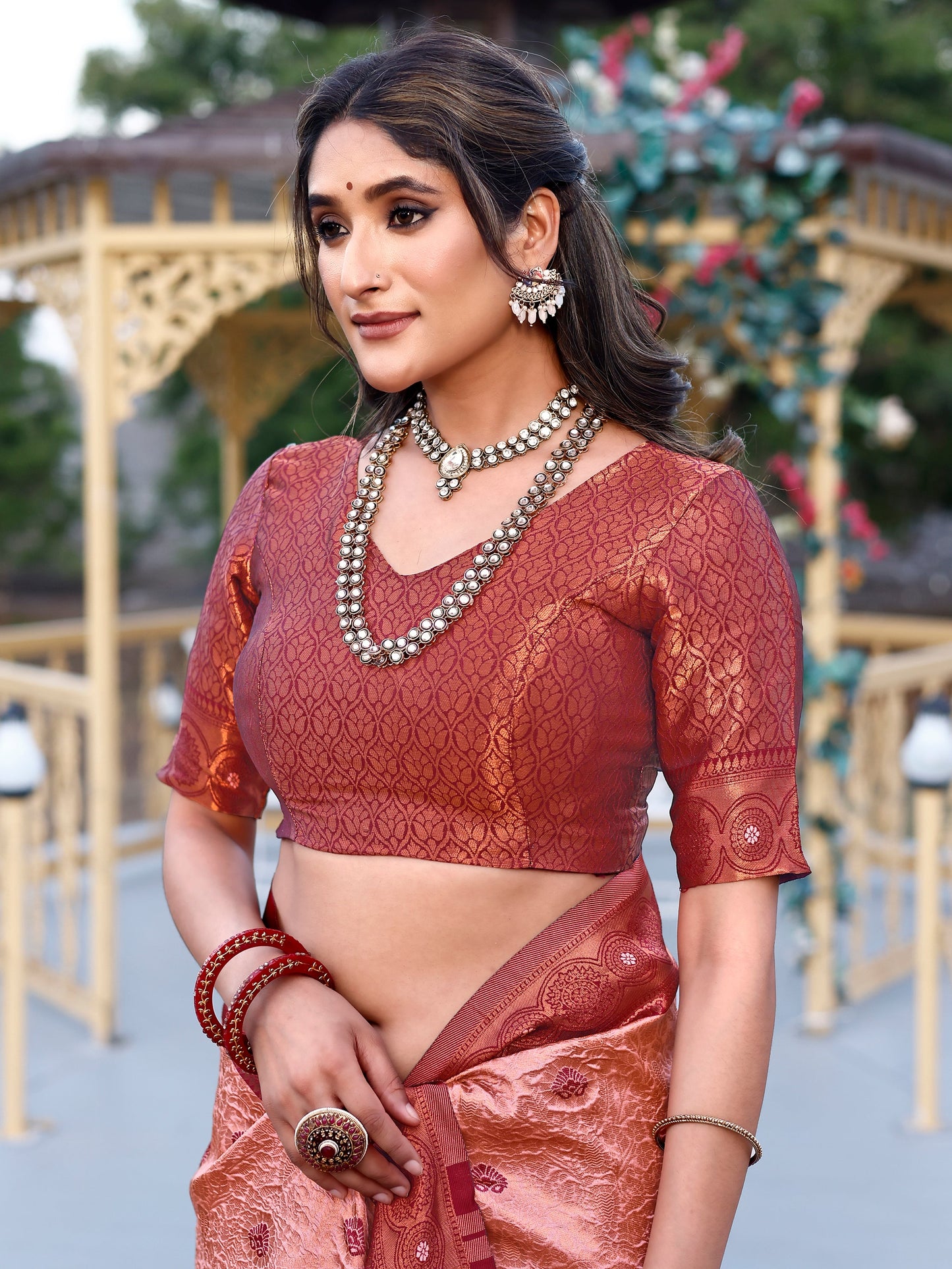 Opulence Crepe Maroon and Coral Silk Saree with Intricate Zari Work