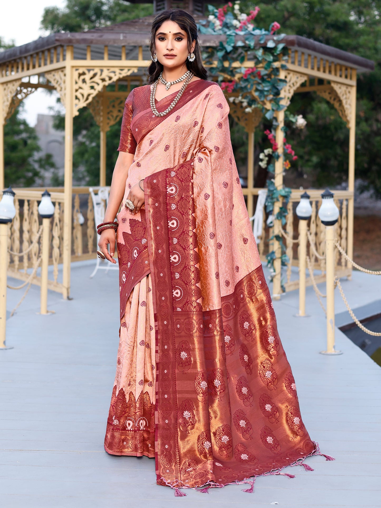 Opulence Crepe Maroon and Coral Silk Saree with Intricate Zari Work