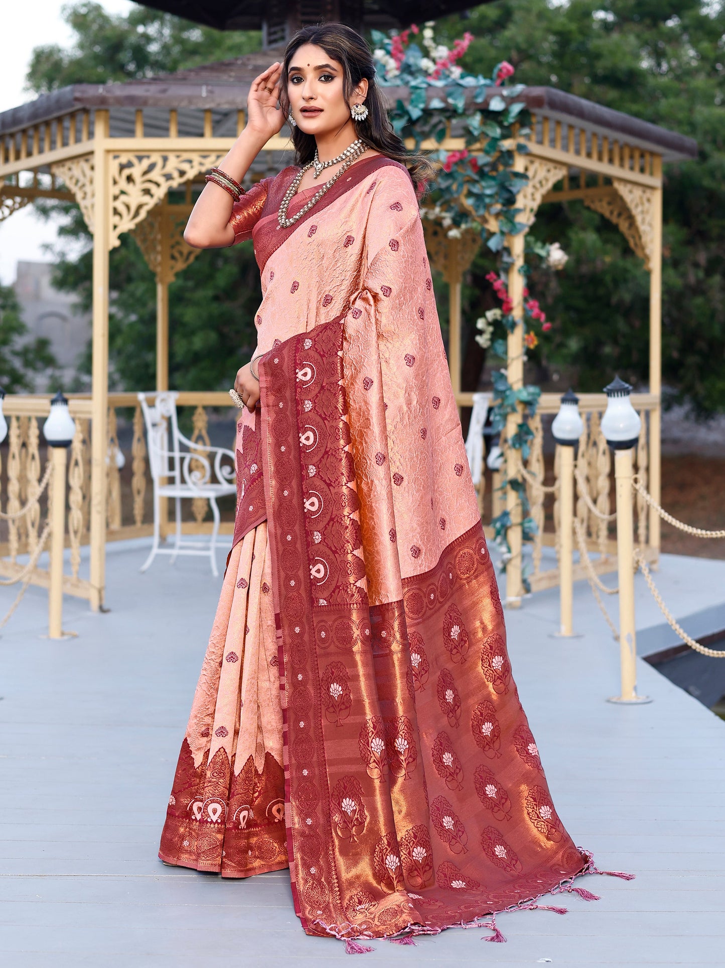 Opulence Crepe Maroon and Coral Silk Saree with Intricate Zari Work