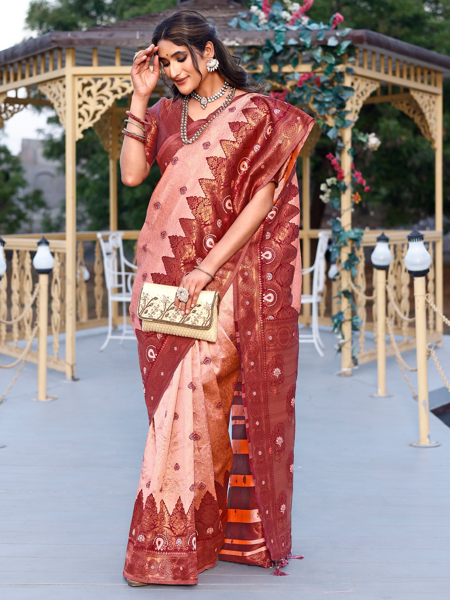 Opulence Crepe Maroon and Coral Silk Saree with Intricate Zari Work