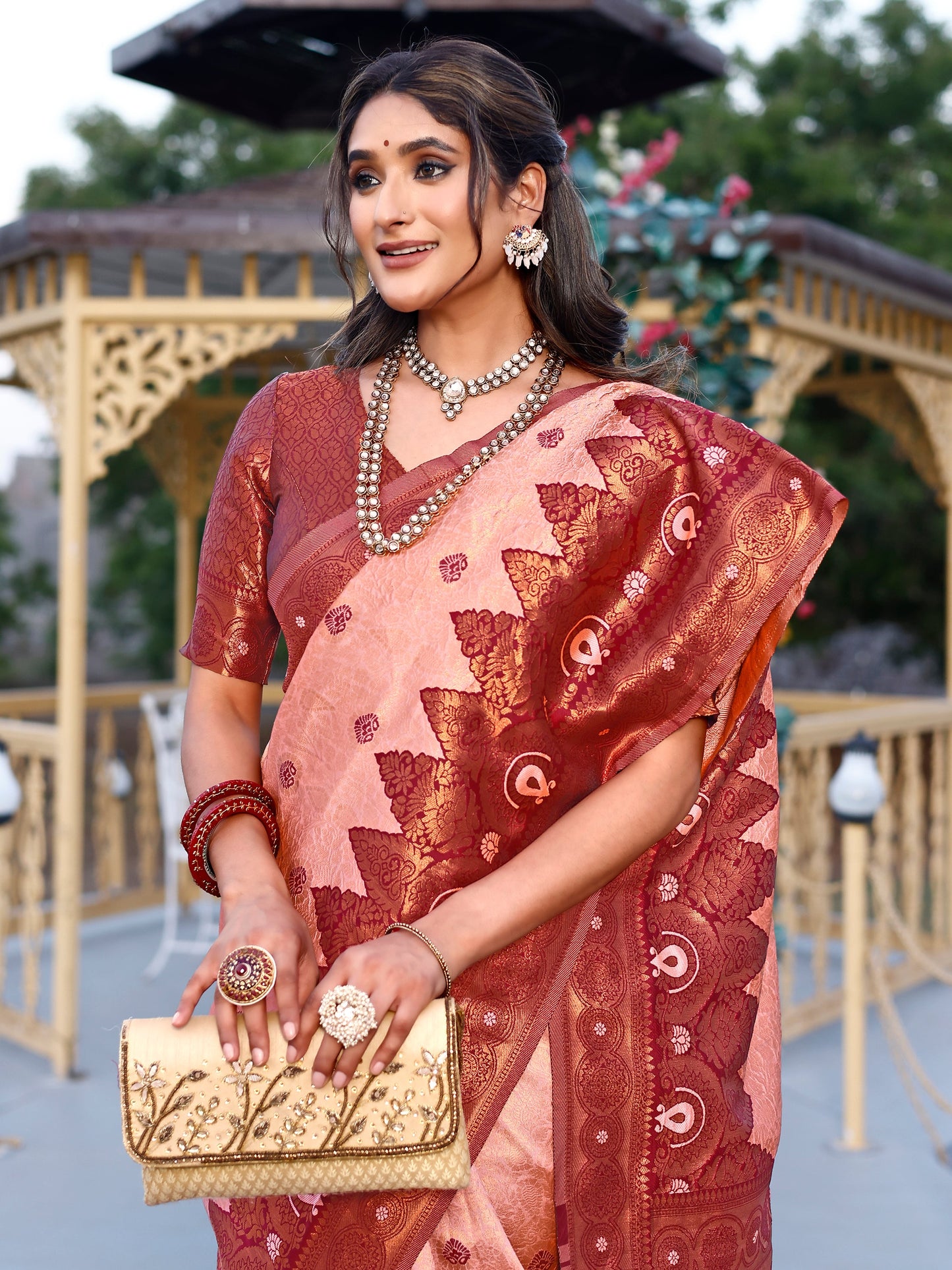 Opulence Crepe Maroon and Coral Silk Saree with Intricate Zari Work