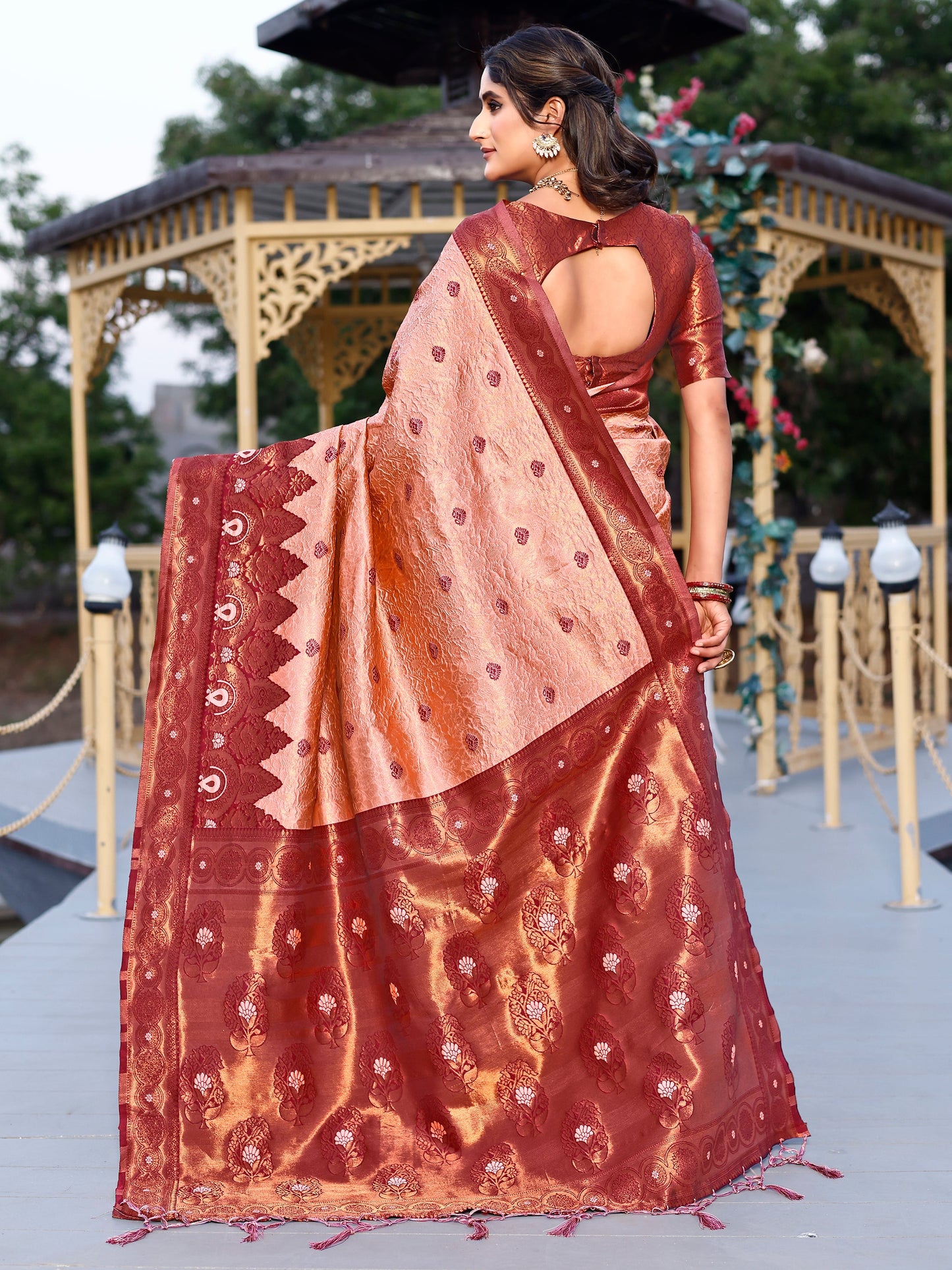 Opulence Crepe Maroon and Coral Silk Saree with Intricate Zari Work