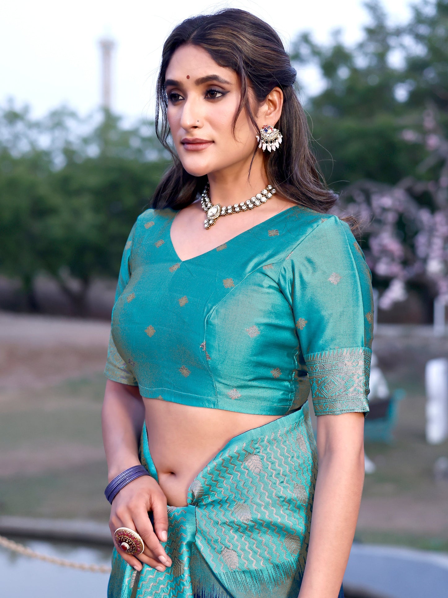 Grandeur Royal Blue and Coral Silk Saree with Intricate Zari Work