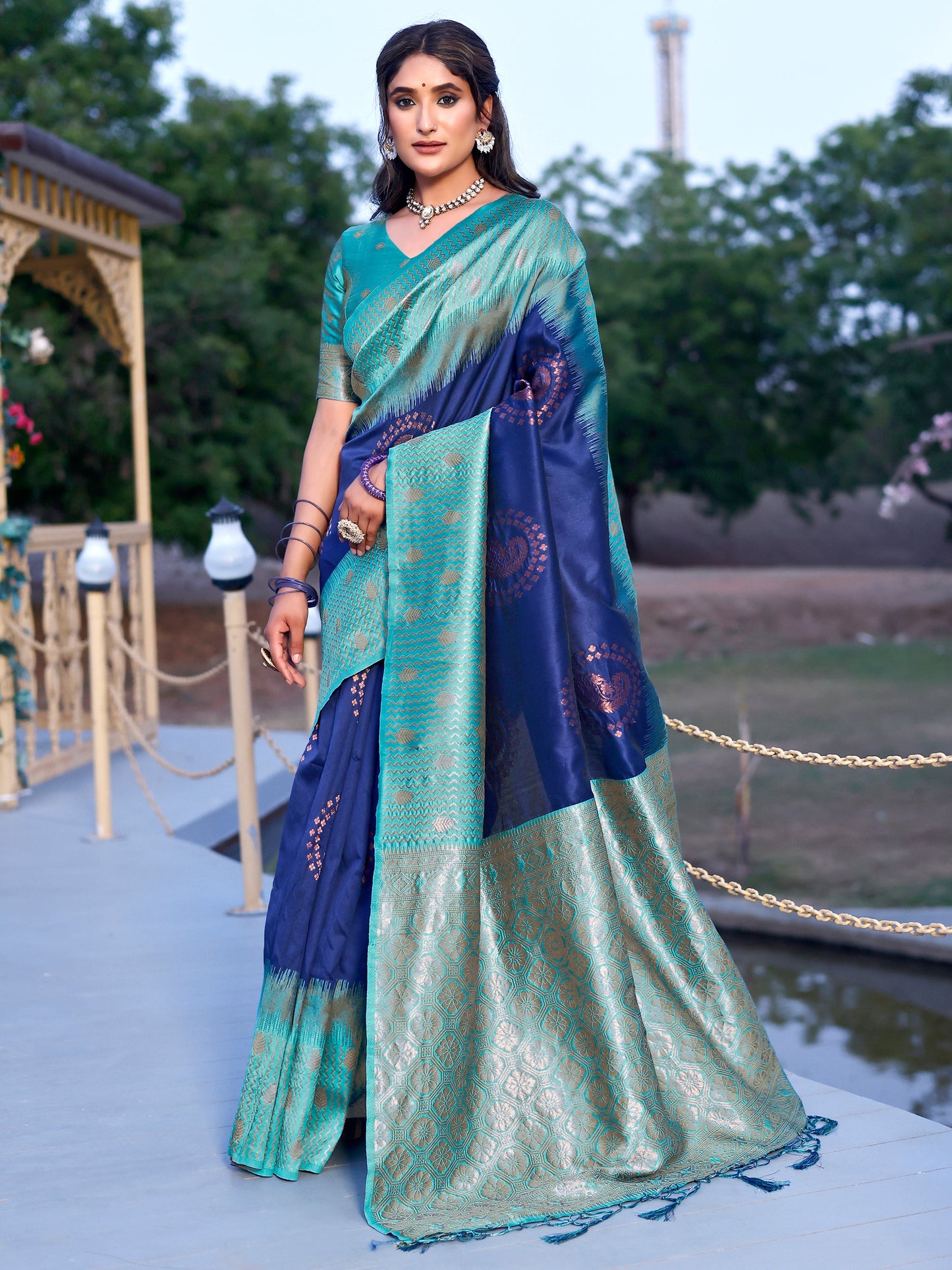Grandeur Royal Blue and Coral Silk Saree with Intricate Zari Work