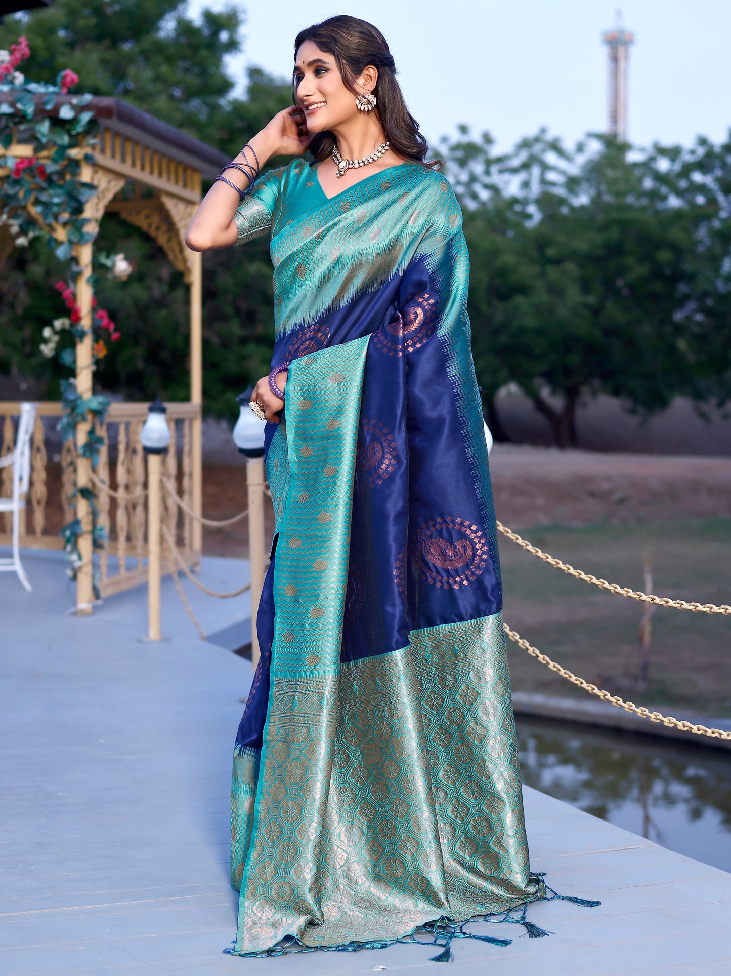 Grandeur Royal Blue and Coral Silk Saree with Intricate Zari Work