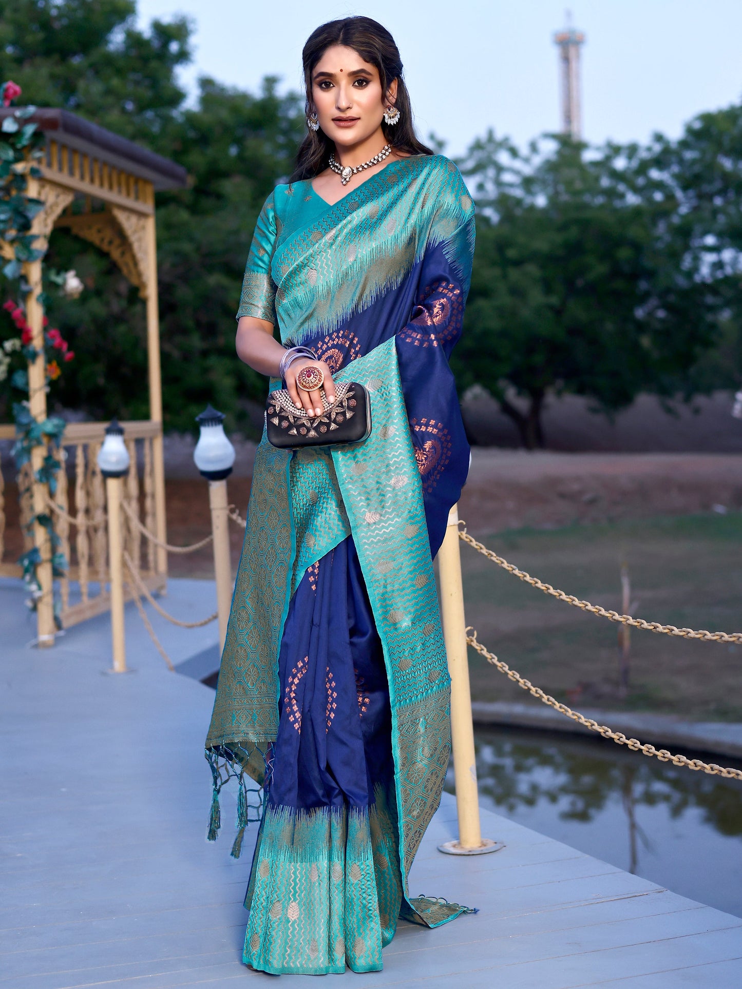 Grandeur Royal Blue and Coral Silk Saree with Intricate Zari Work