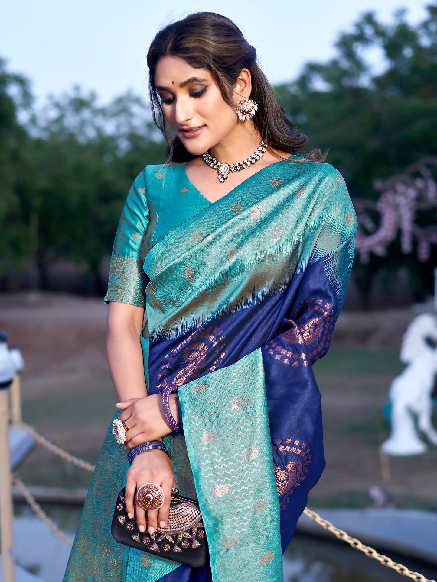 Grandeur Royal Blue and Coral Silk Saree with Intricate Zari Work
